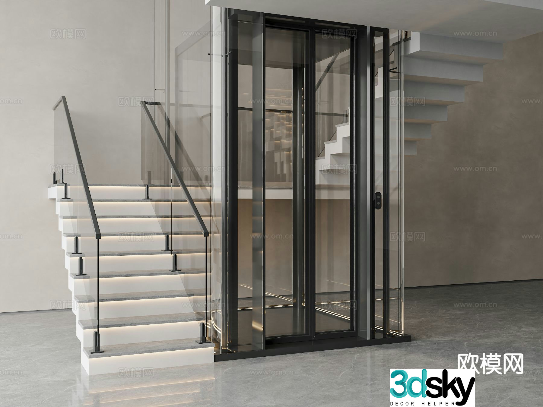Modern glass railing stairs elevator villa elevator sightseeing elevator 3d model