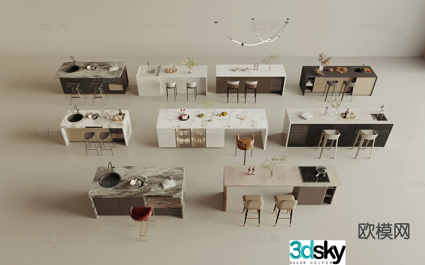 Modern island dining table and chairs island 3d model