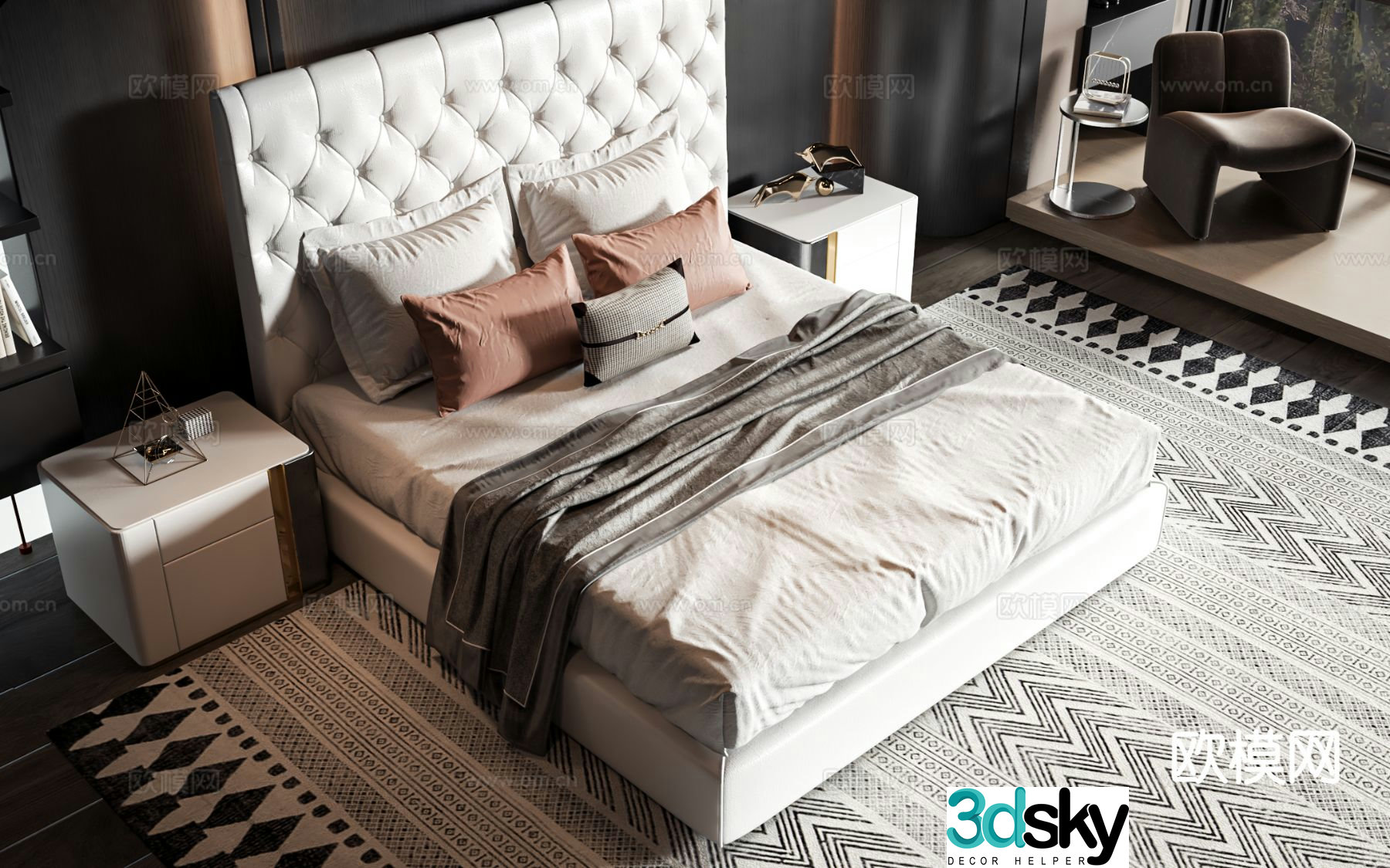 Cream style double bed 3d model