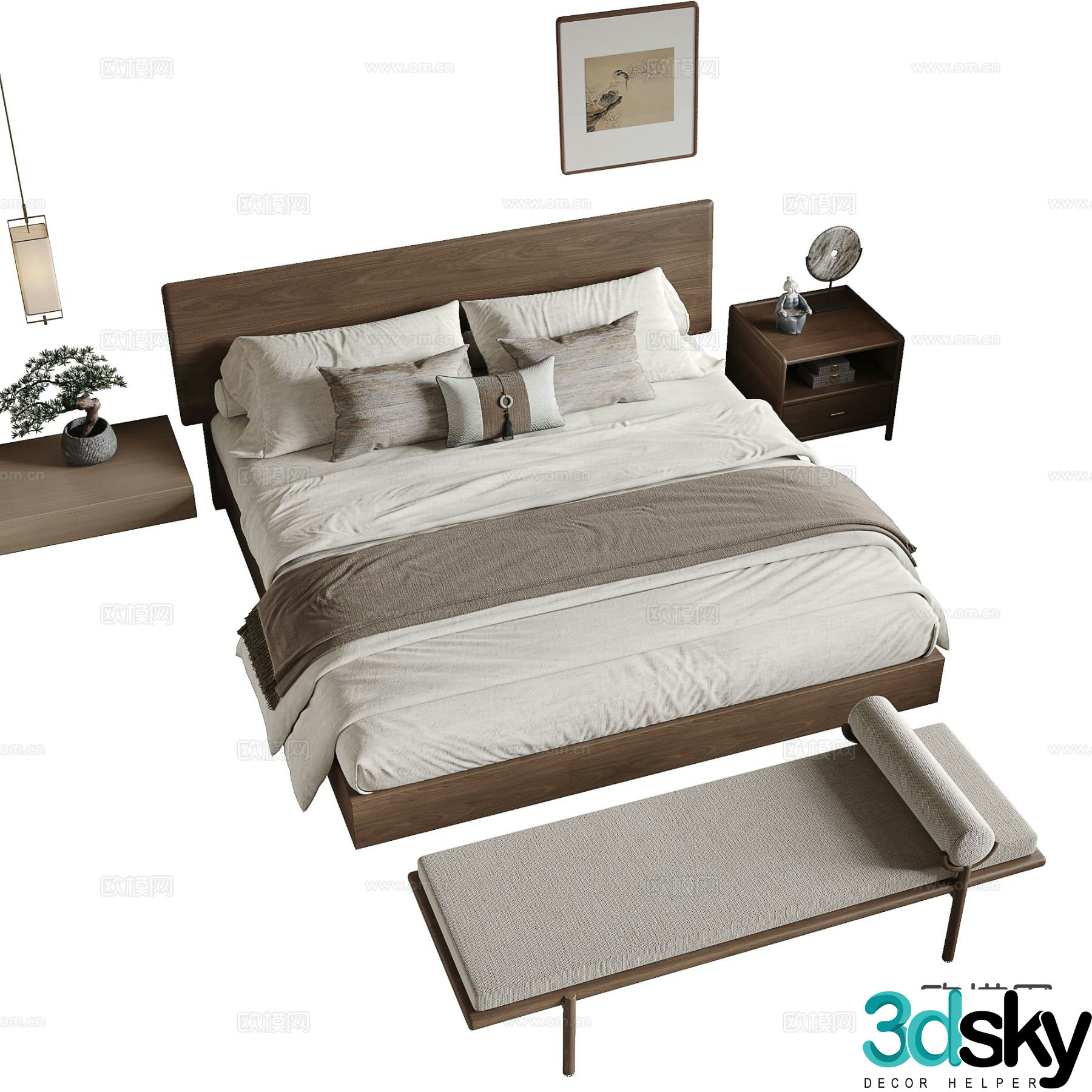 New Chinese style double bed 3d model
