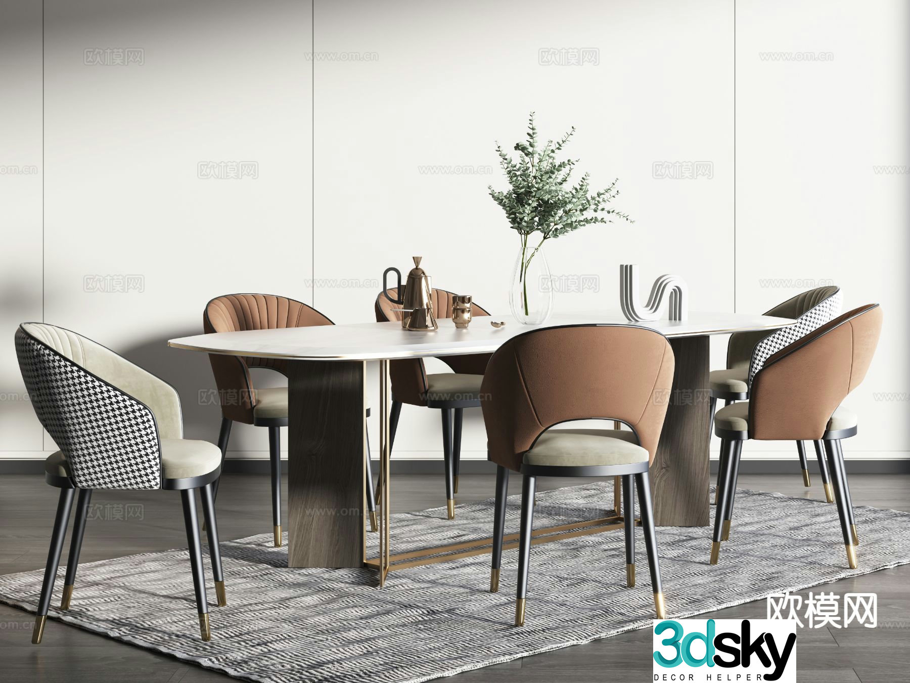 Italian dining table and chairs strip dining table 3D model