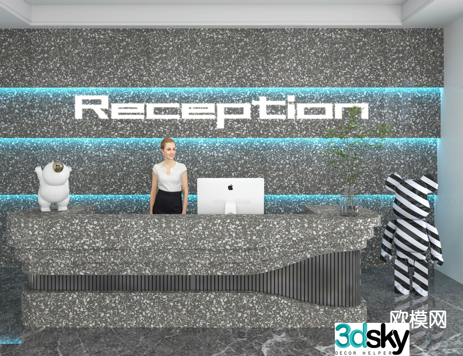 Modern front desk reception desk information desk office background 3d model