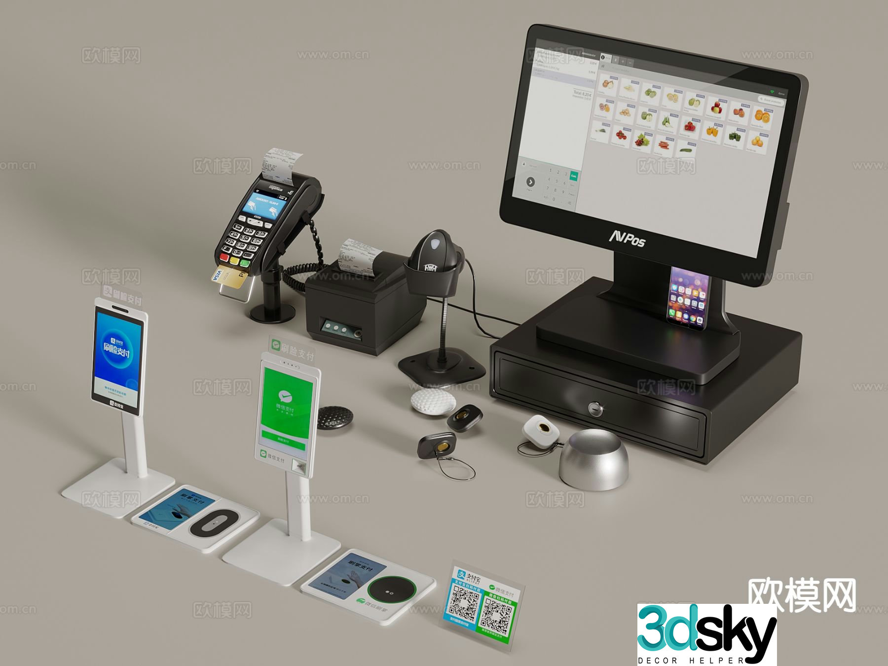 Supermarket checkout counter cash register payment code 3d model