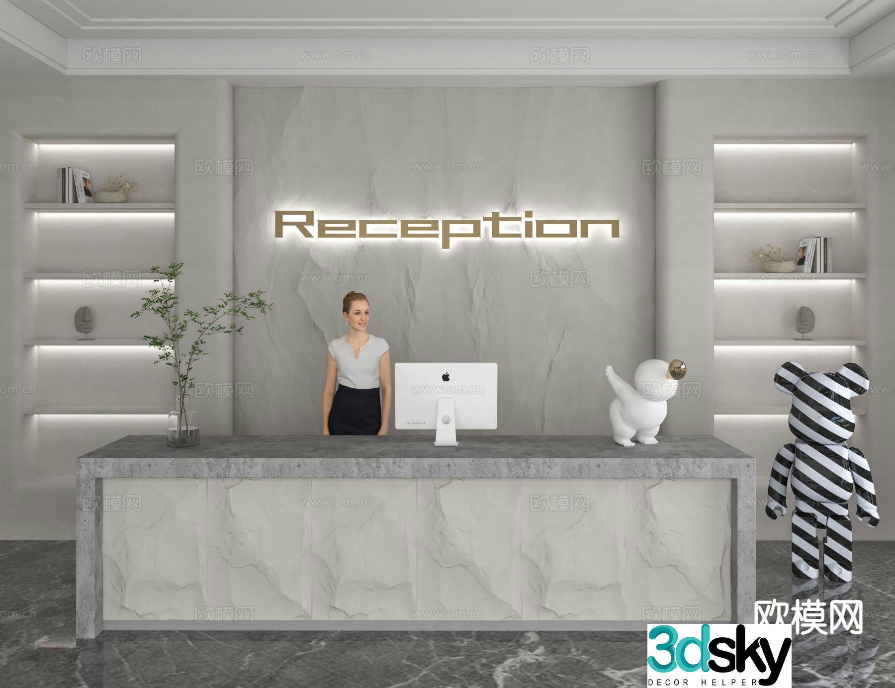 Modern rock front desk reception desk information desk office background 3d model