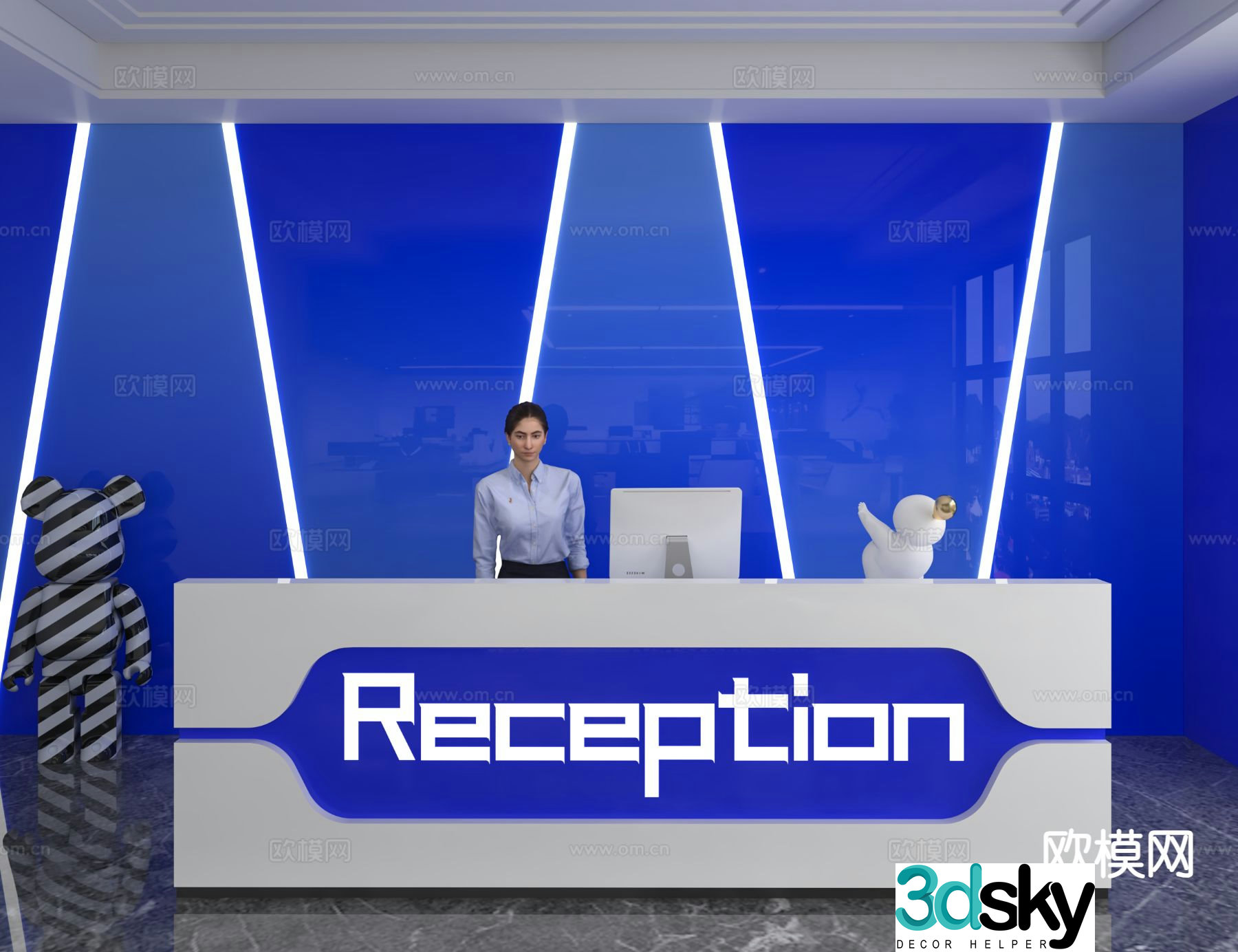 Modern front desk reception desk information desk office background 3d model