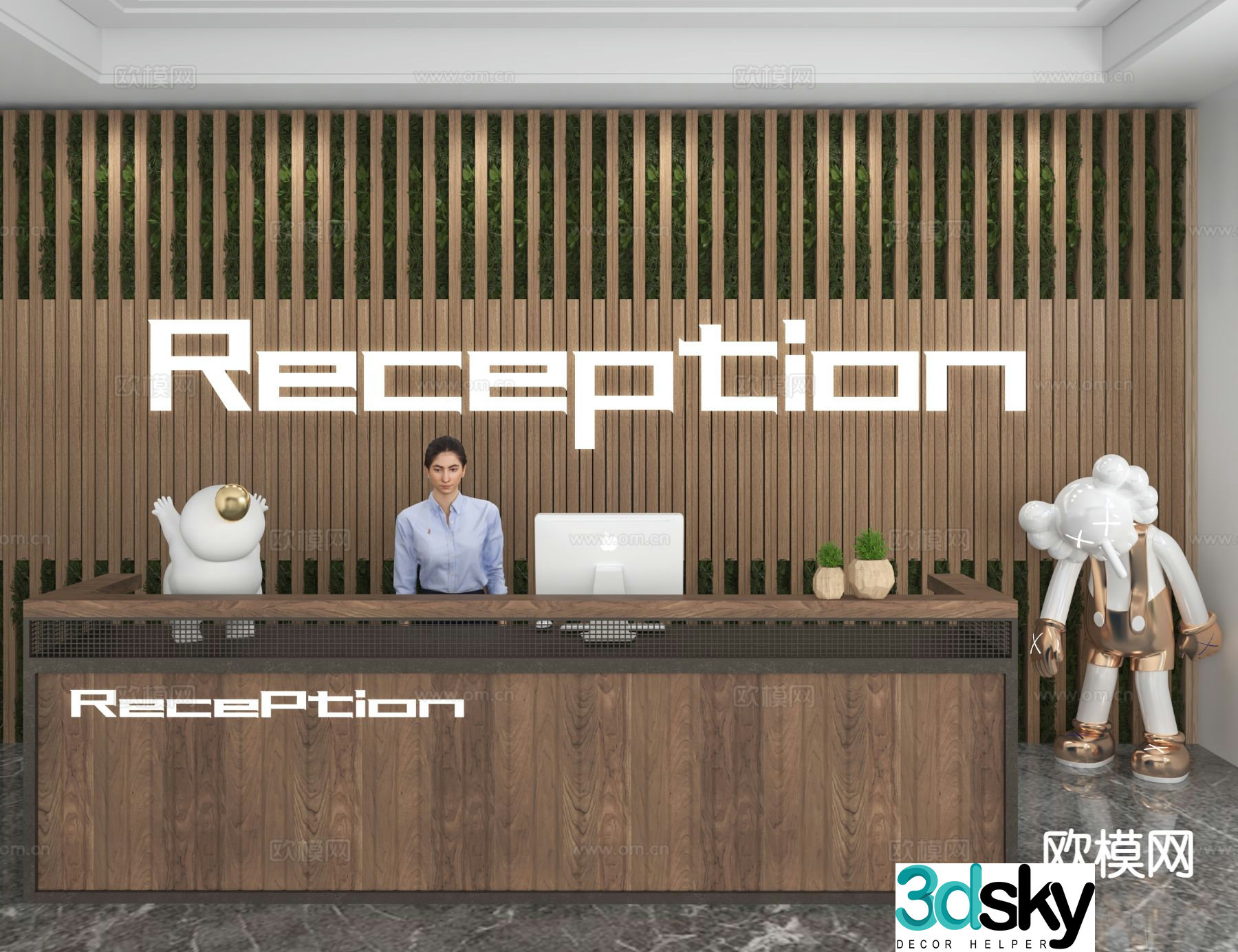 Modern front desk reception desk information desk office background 3d model