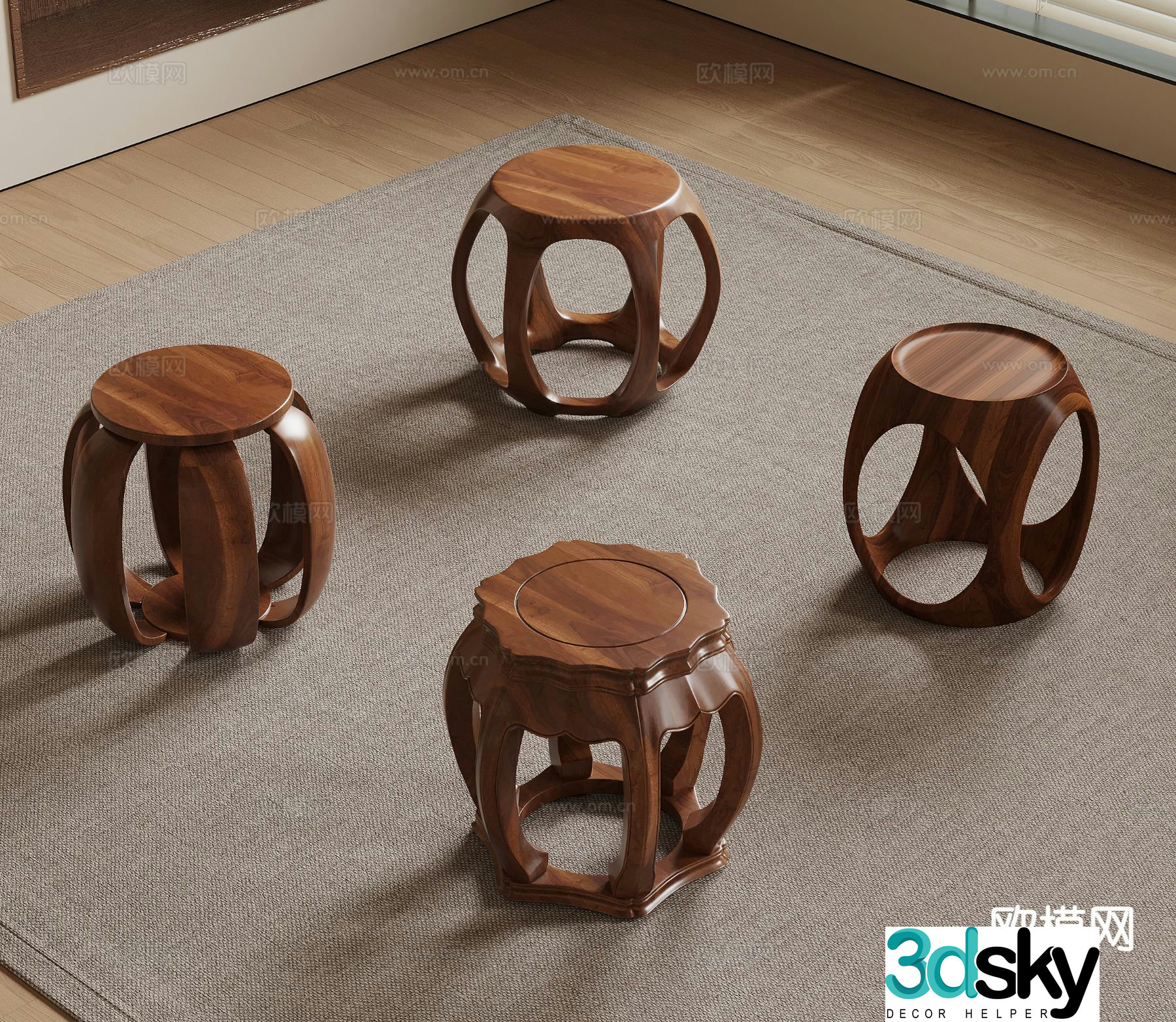 New Chinese style stool solid wood stool round stool 3d model
