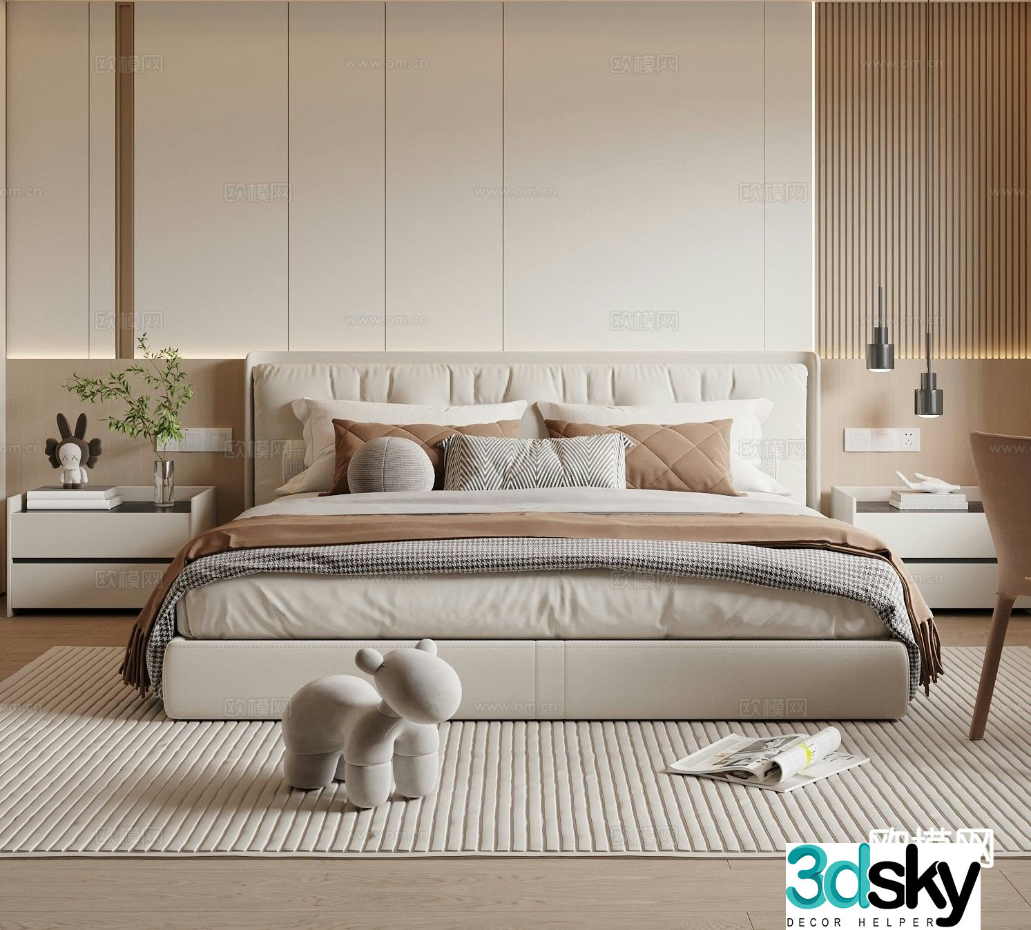 Cream style double bed 3d model