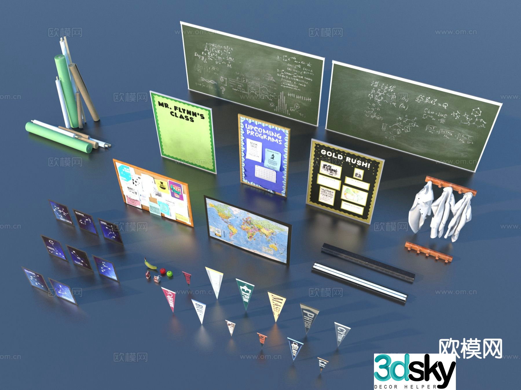 Blackboard map hanging picture school supplies 3d model