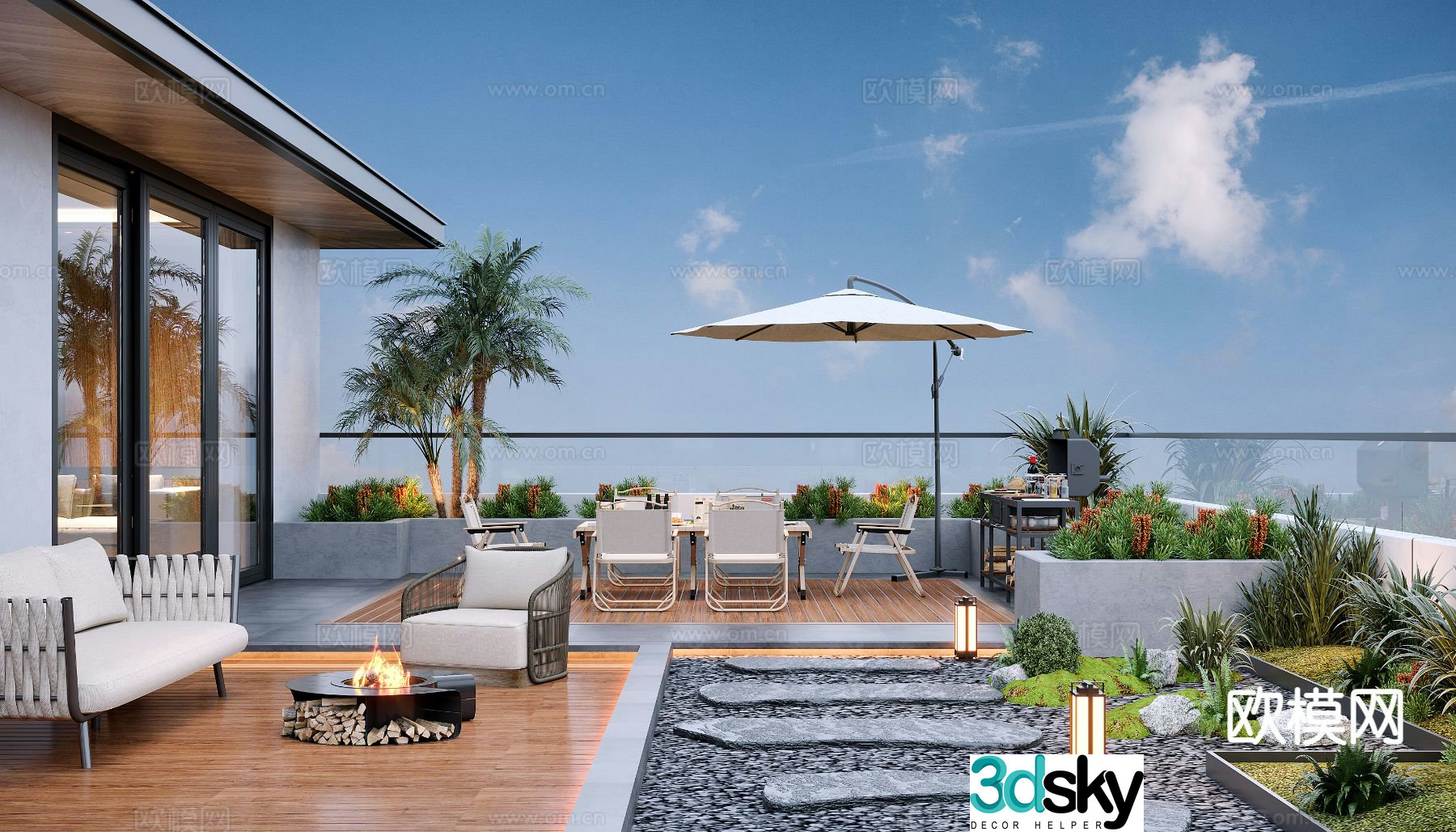 Modern balcony terrace roof garden 3d model