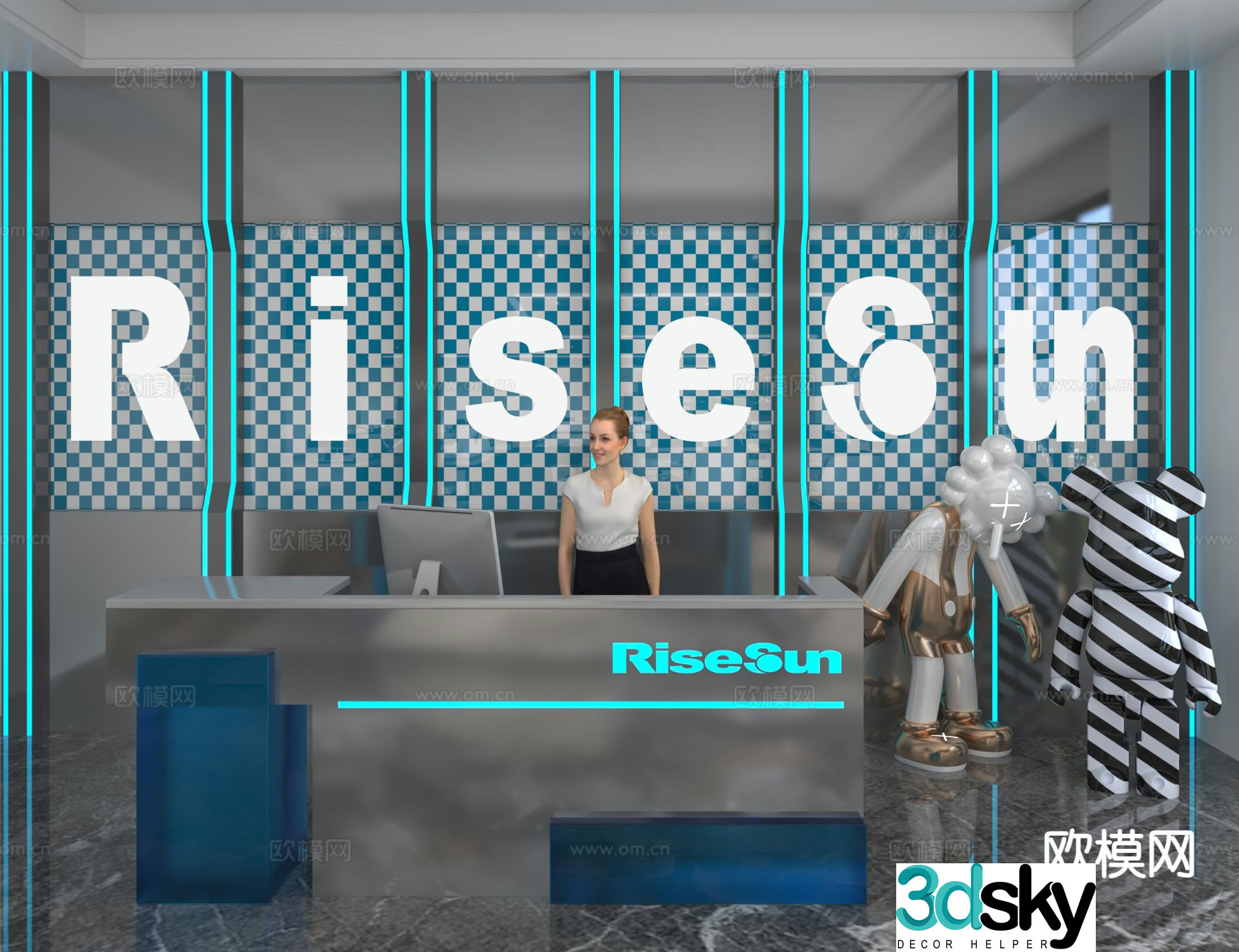 Modern front desk reception desk information desk office background 3d model
