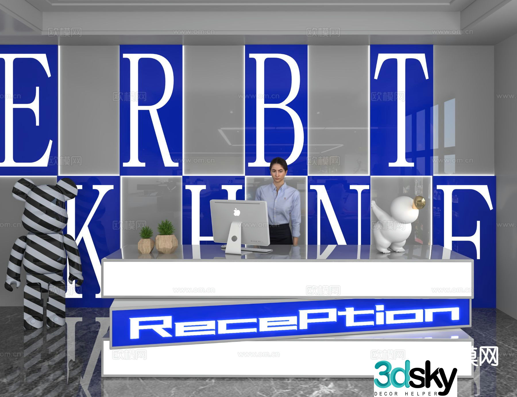Modern front desk reception desk information desk office background 3d model