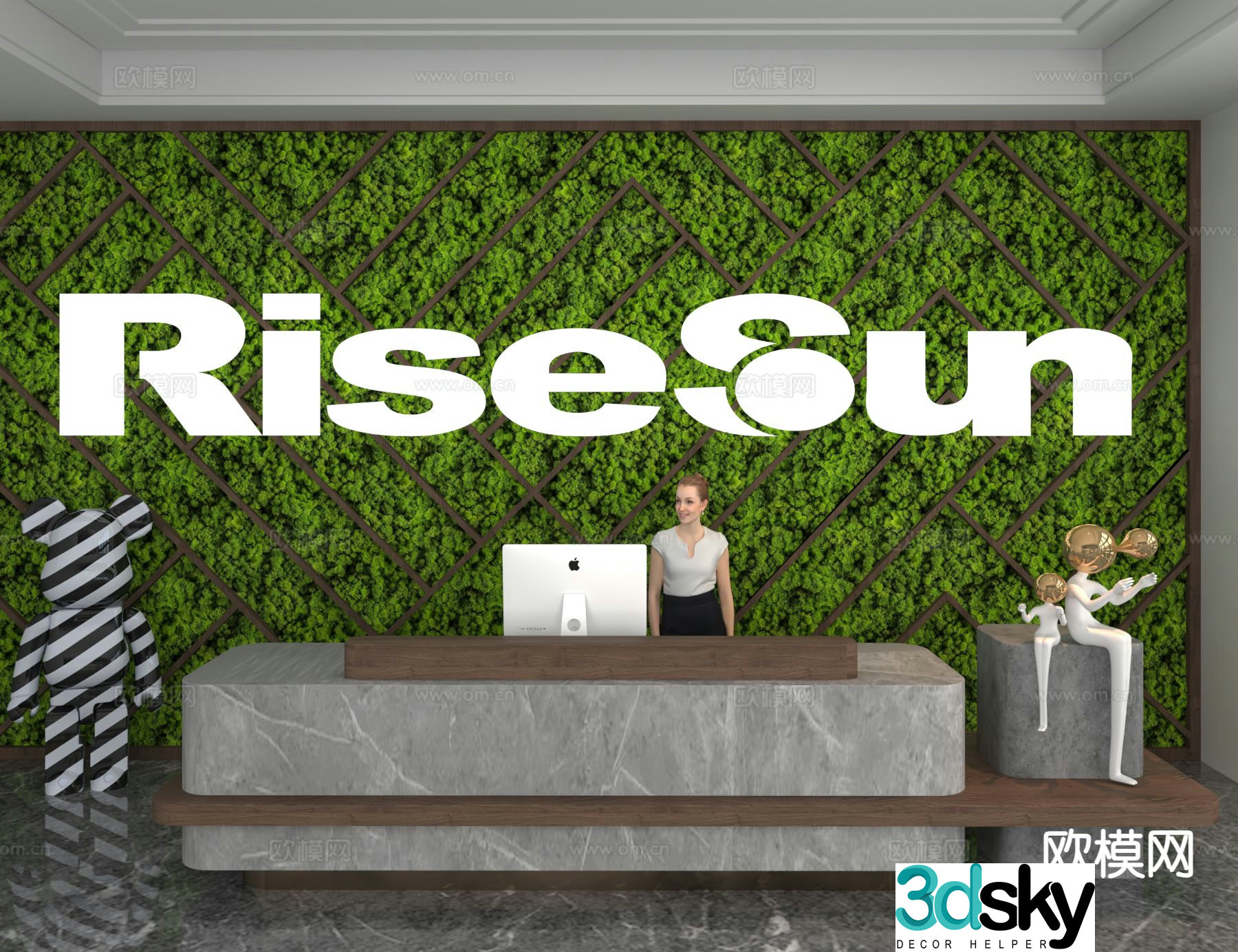 Modern front desk reception desk information desk plant wall 3d model
