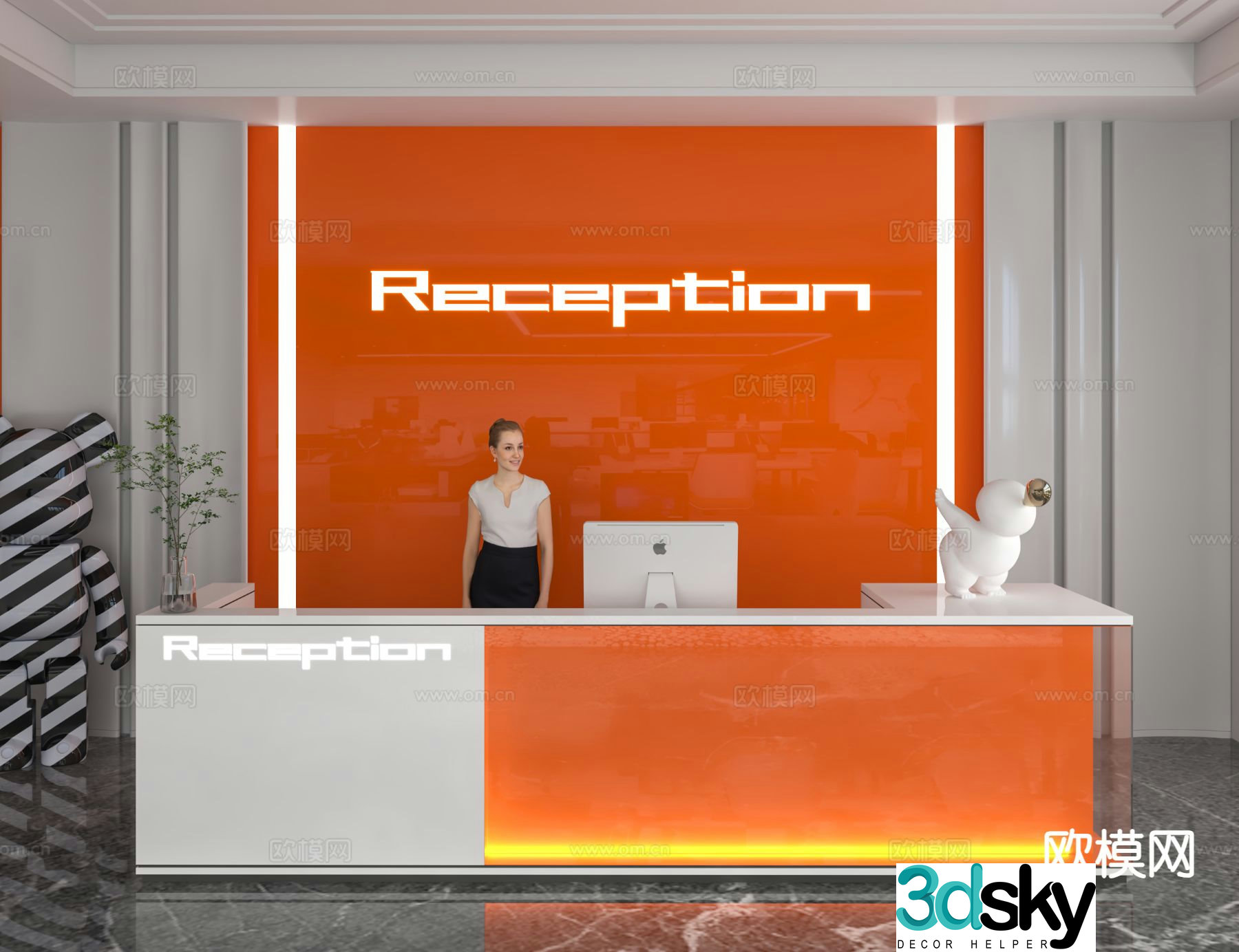 Modern front desk reception desk information desk office background 3d model