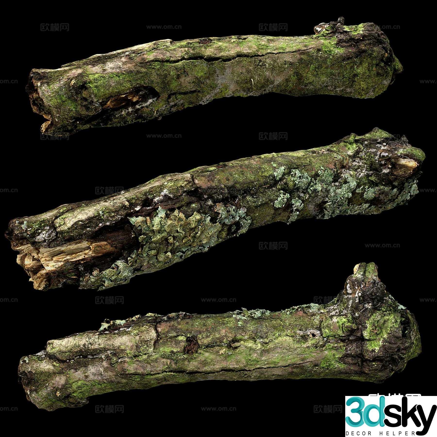 tree trunk dead wood tree trunk with moss 3d model