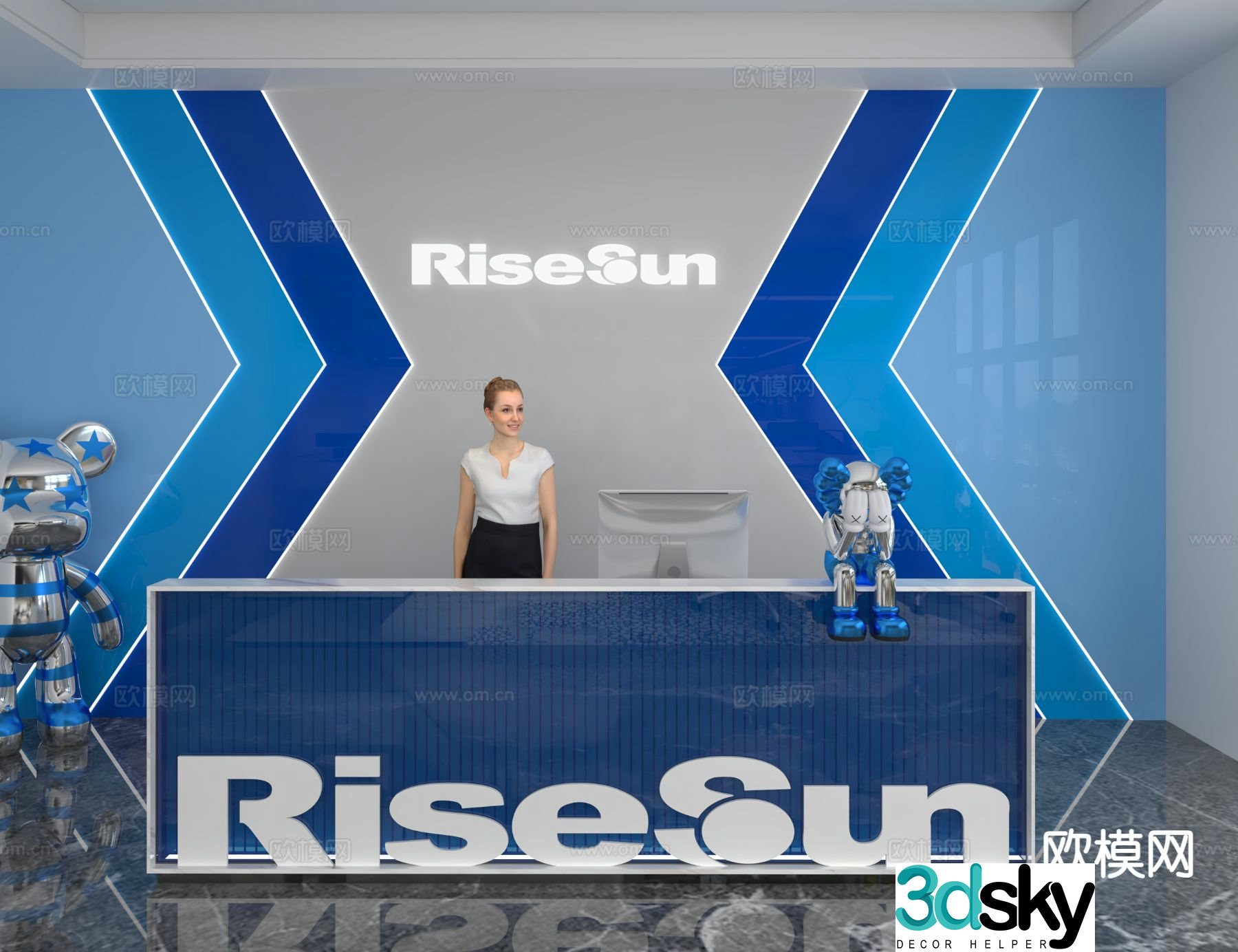 Modern front desk reception desk information desk office background 3d model