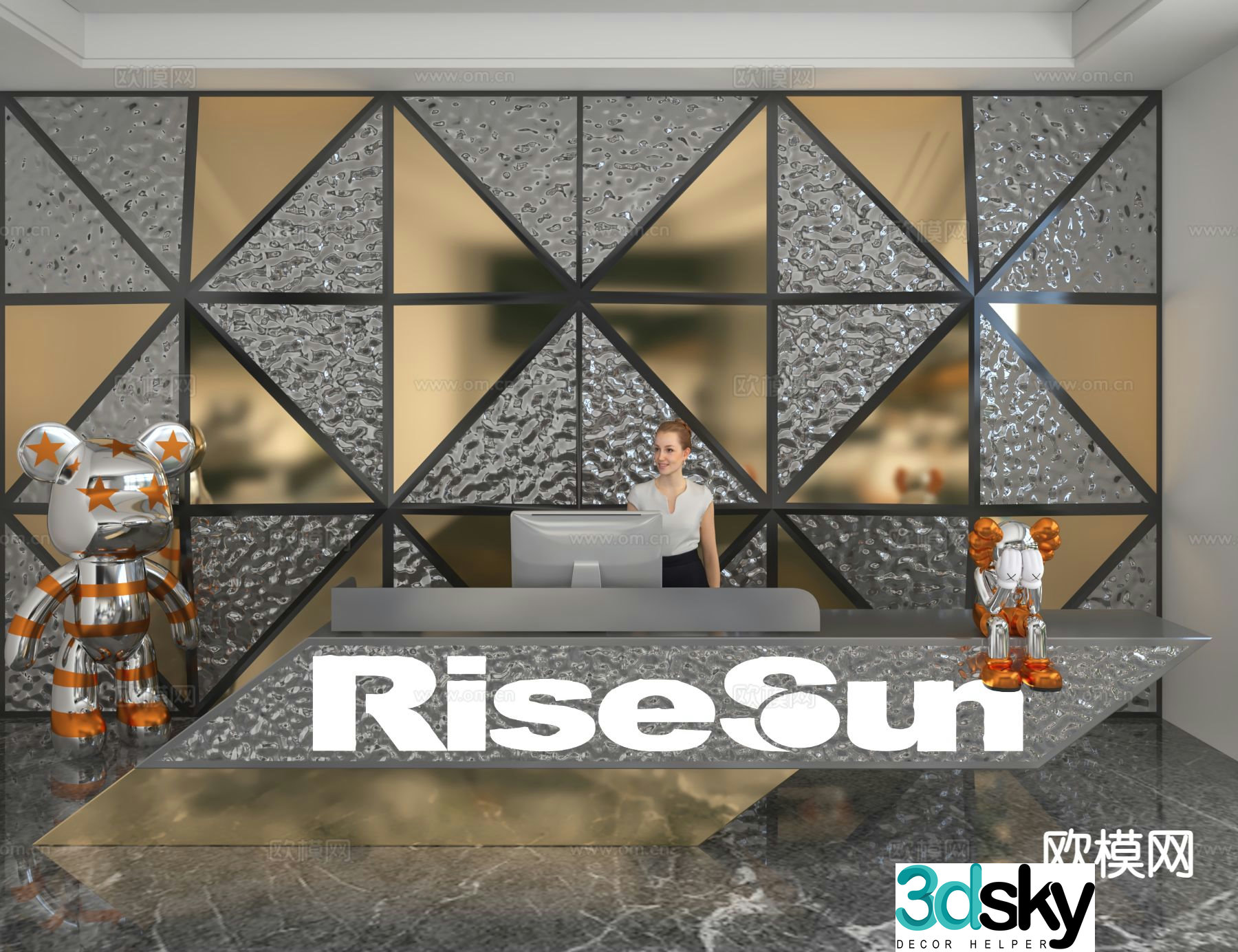 Modern front desk reception desk information desk office background 3d model