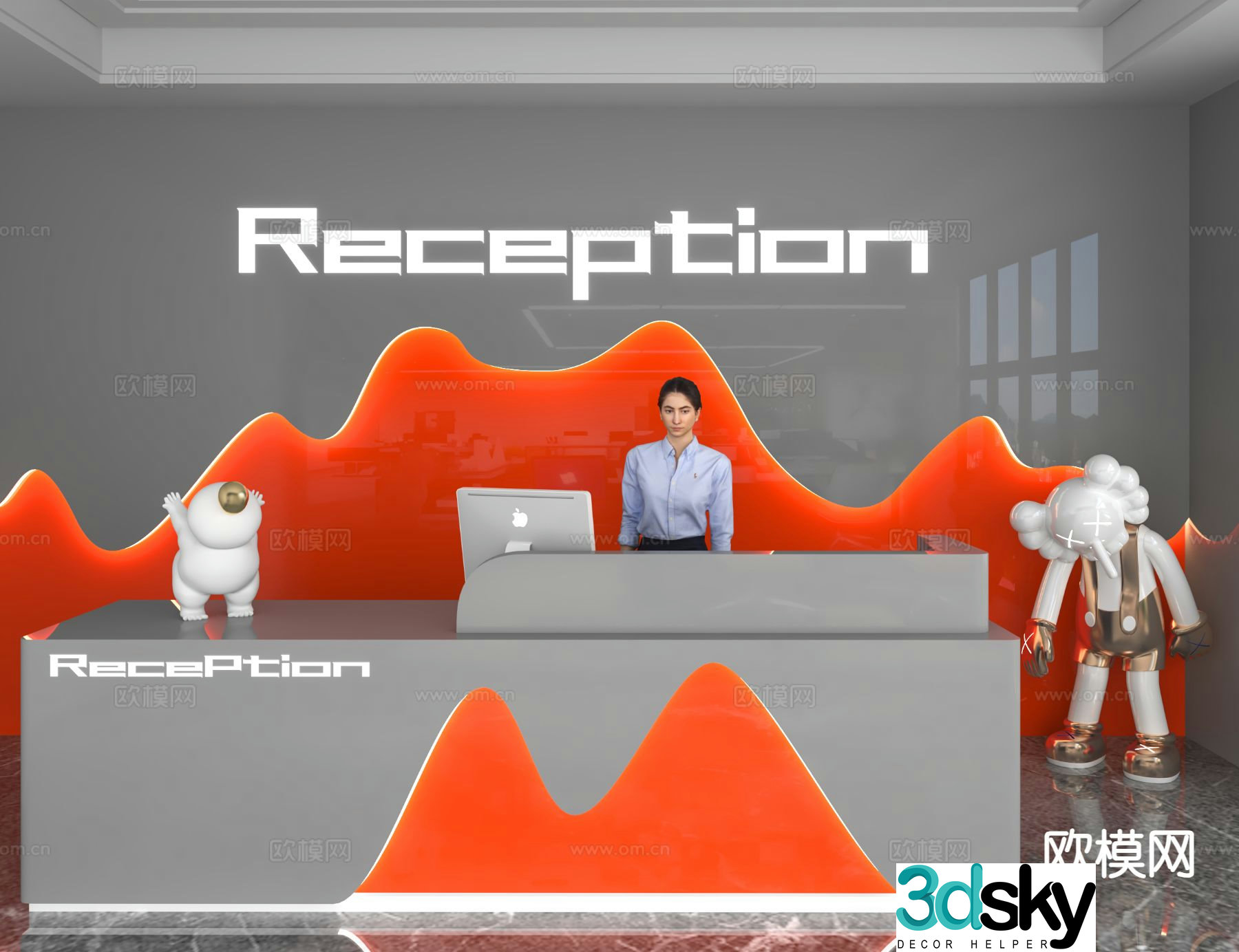 Modern front desk reception desk information desk office background 3d model