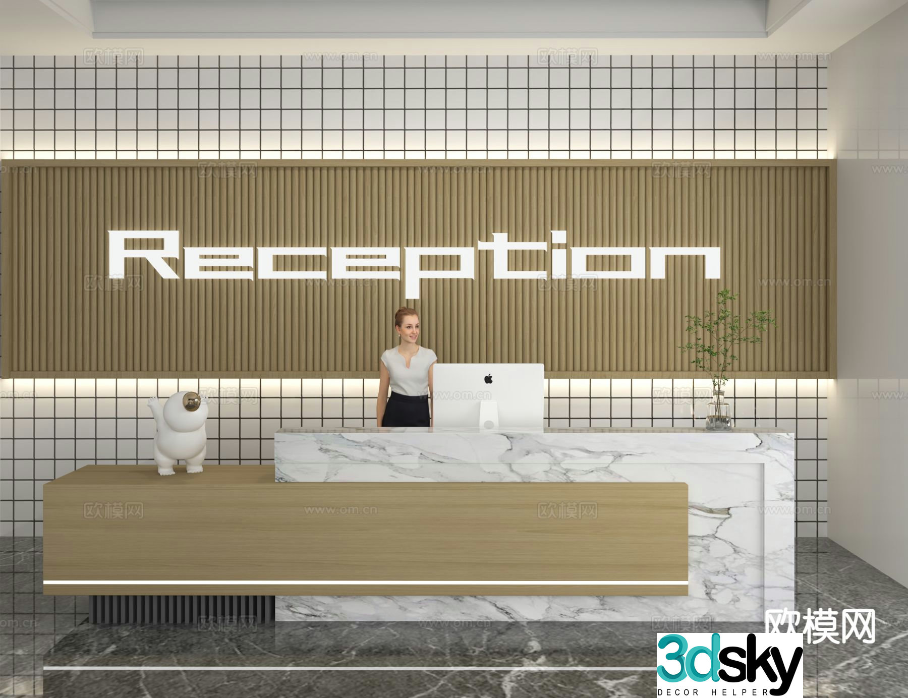 Modern front desk reception desk information desk office background 3d model