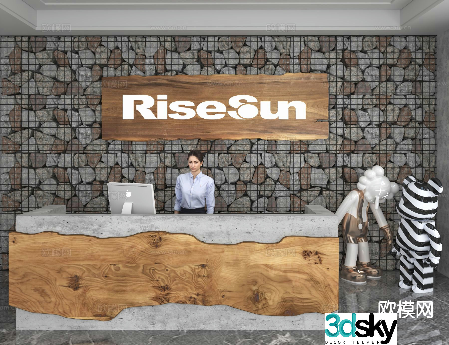 Industrial style front desk reception desk information desk office background 3d model