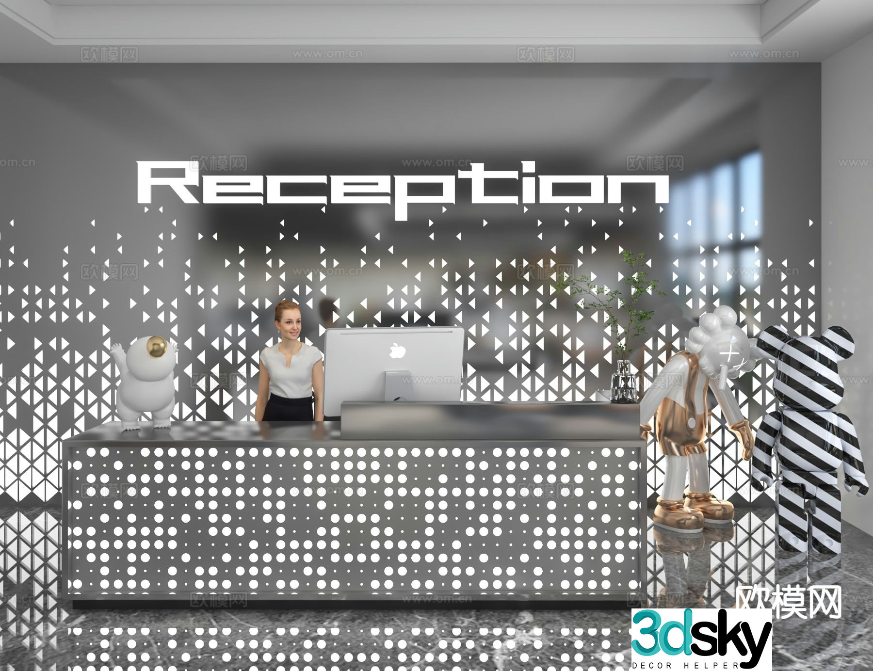 Modern front desk reception desk information desk office background 3d model