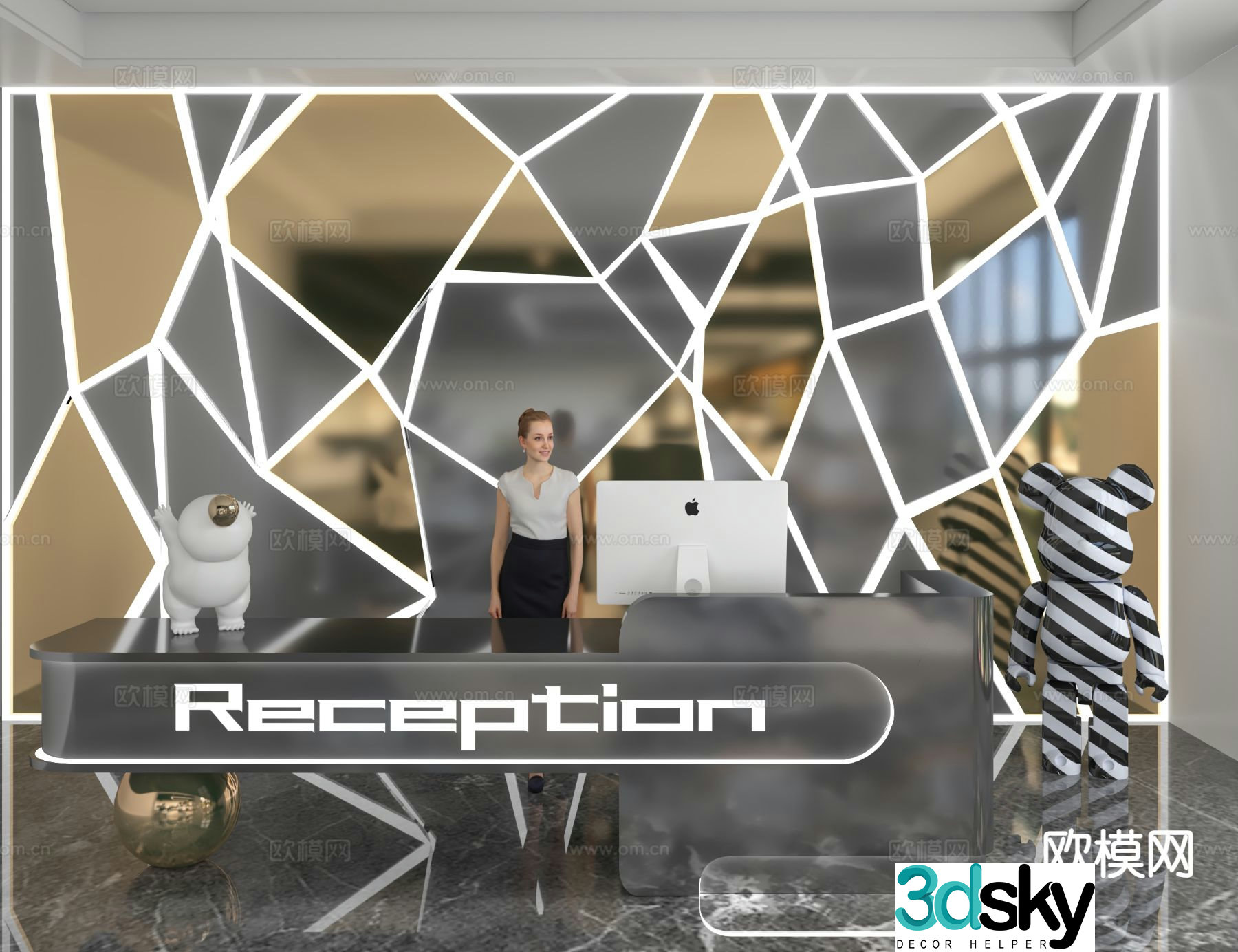Modern front desk reception desk information desk office background 3d model