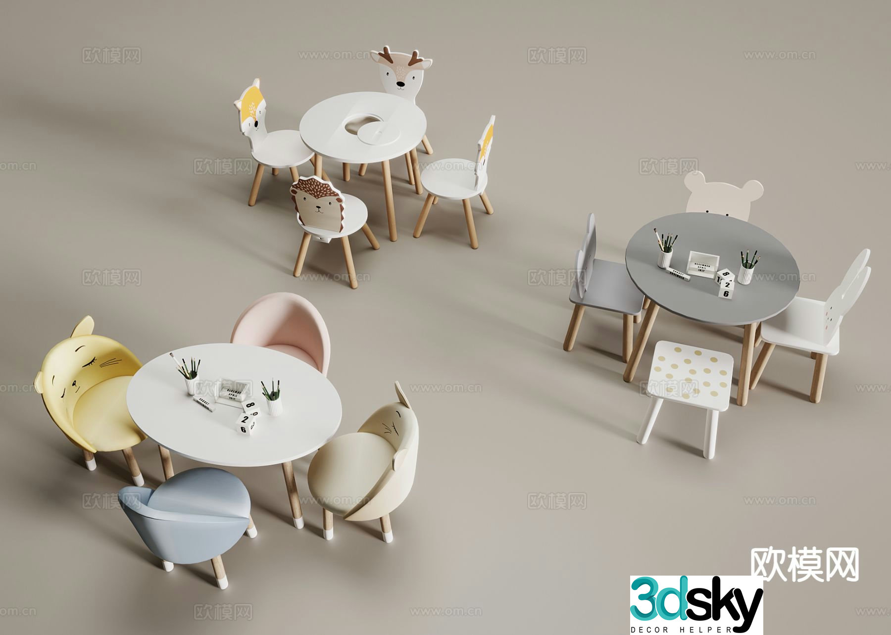 Nordic children’s table and chairs round table 3d model