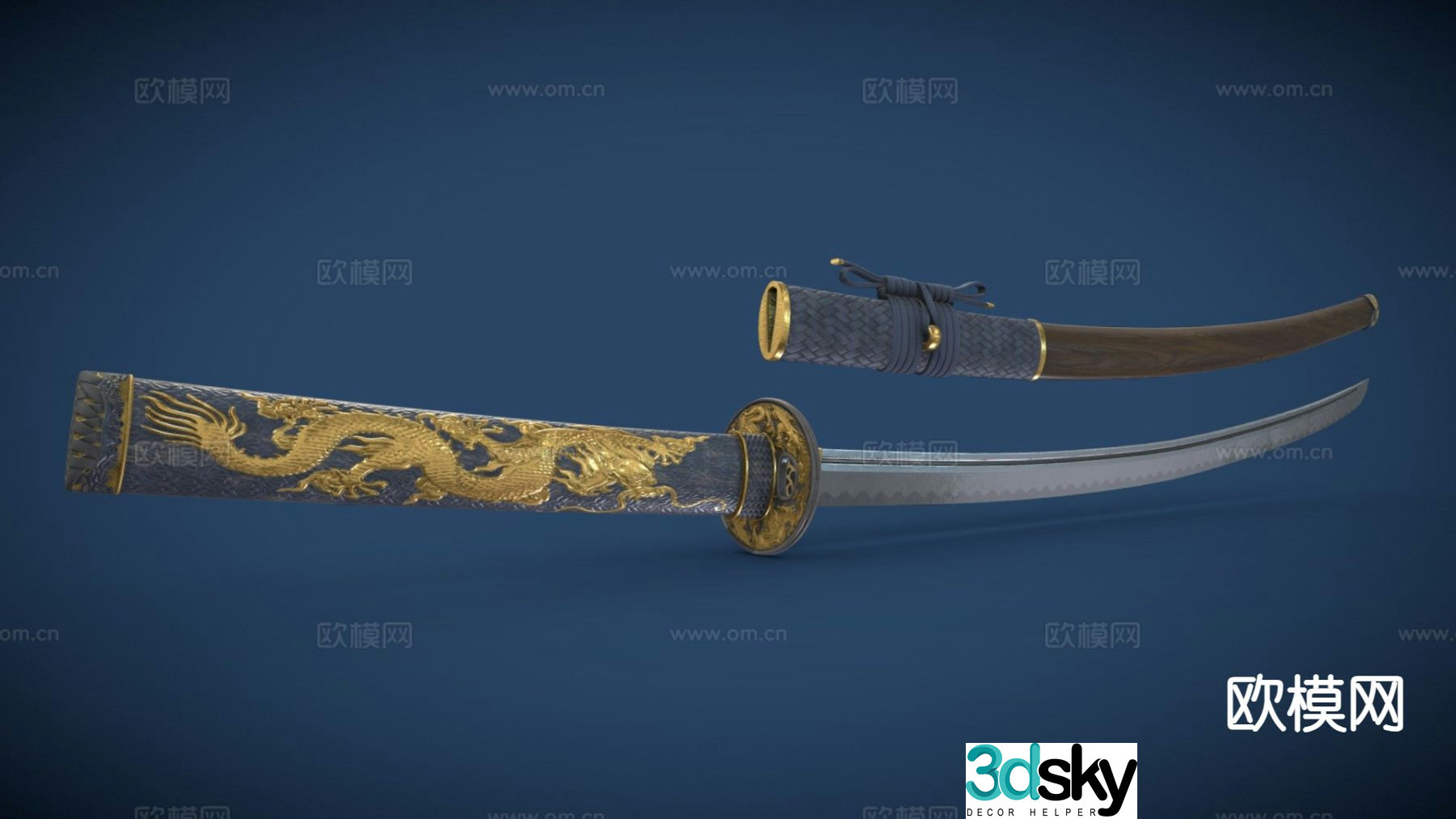 Japanese dragon blade katana scabbard 3d model