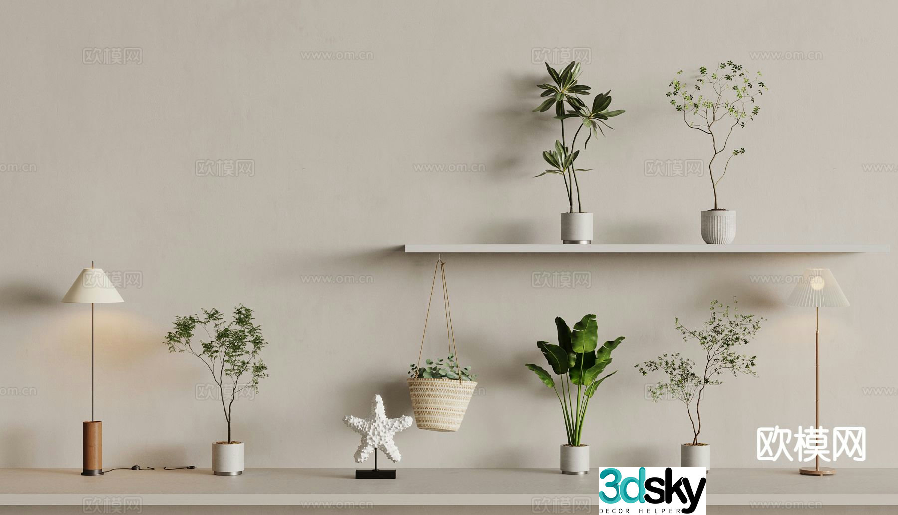 Potted fern green plant plantain spider plant 3d model