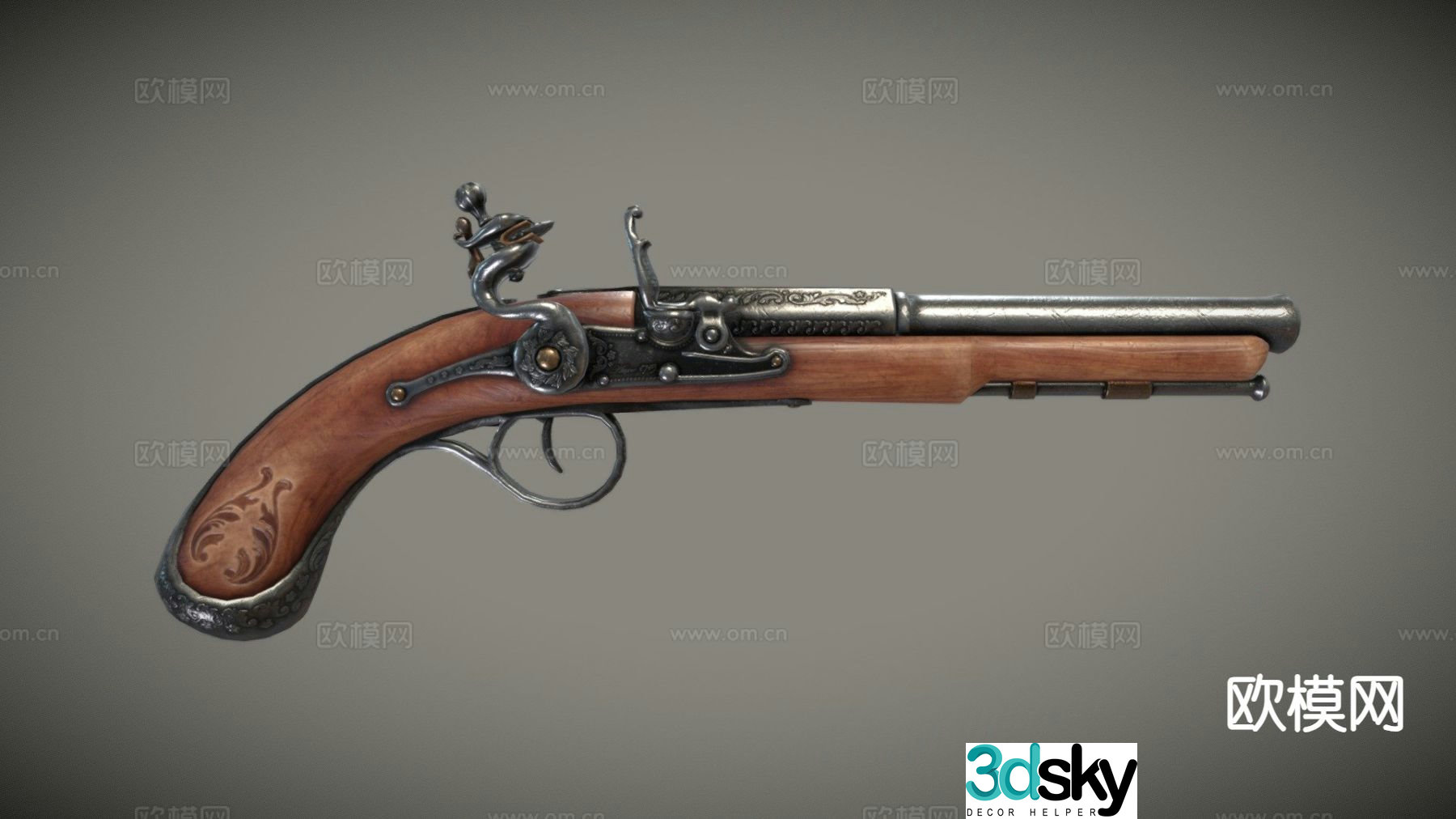 Retro pistol matchlock pistol with engraving 3d model