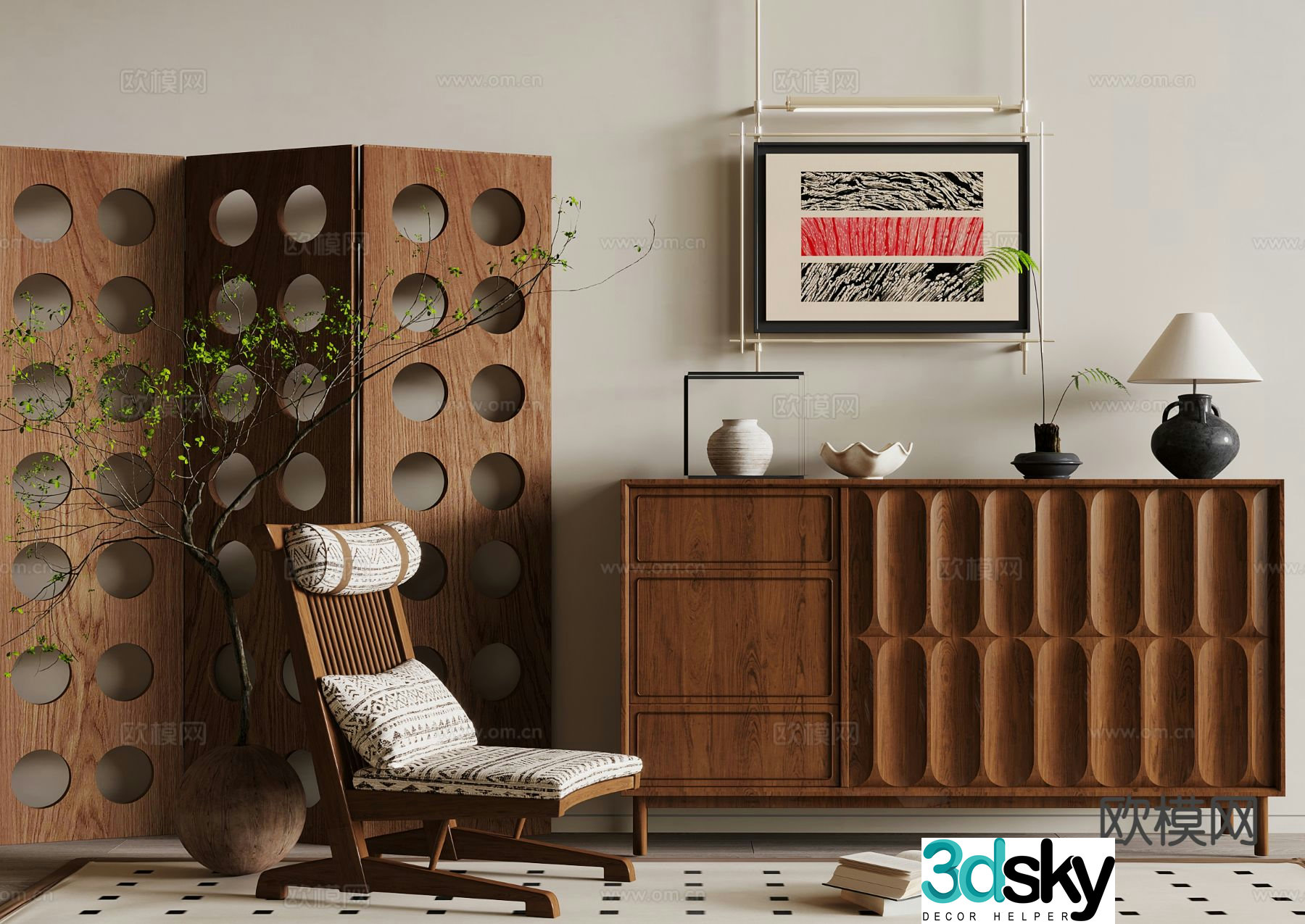 Middle-aged style side cabinet 3D model
