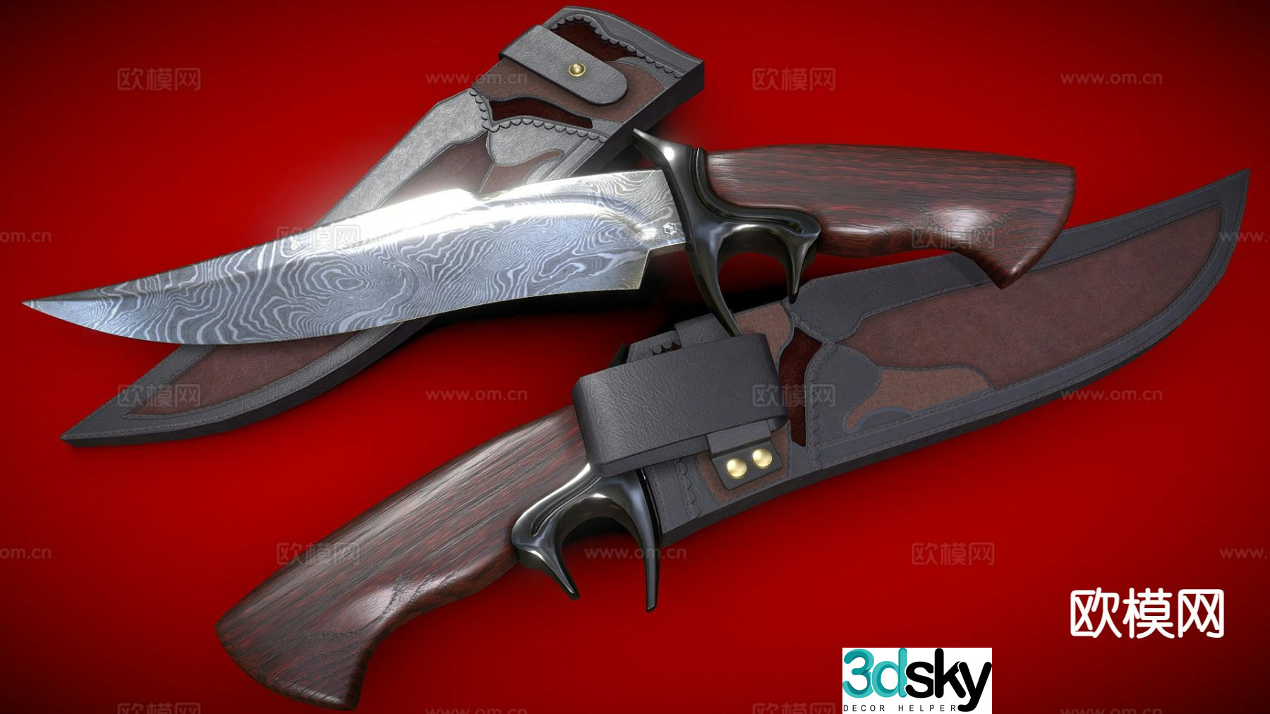 Damascus bowie knife gaming weapon 3d model