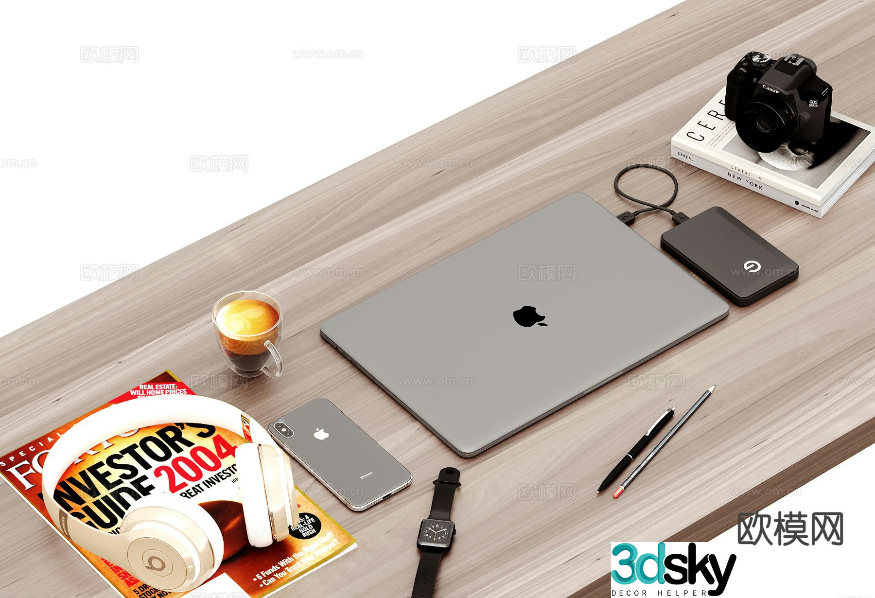 Office supplies books camera mobile phone 3d model