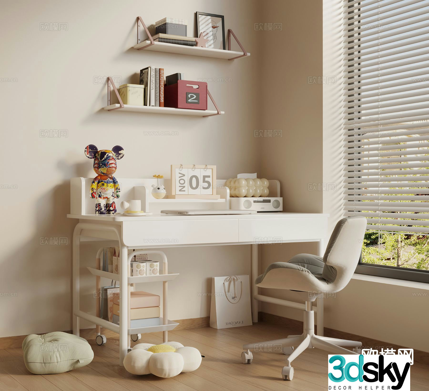 Cream style children’s table study table 3d model