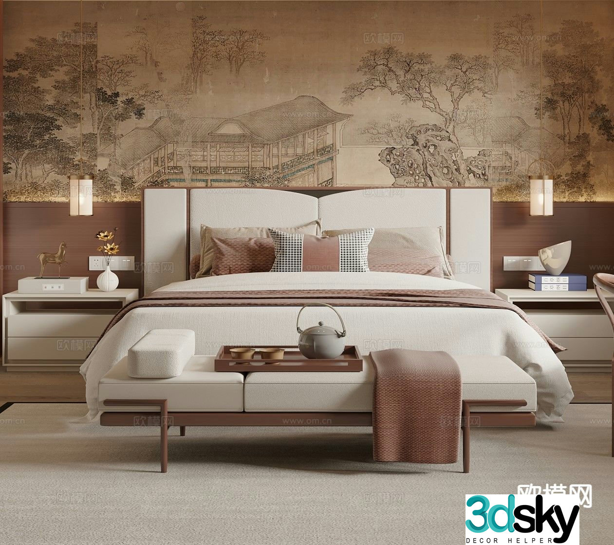 New Chinese style double bed 3d model