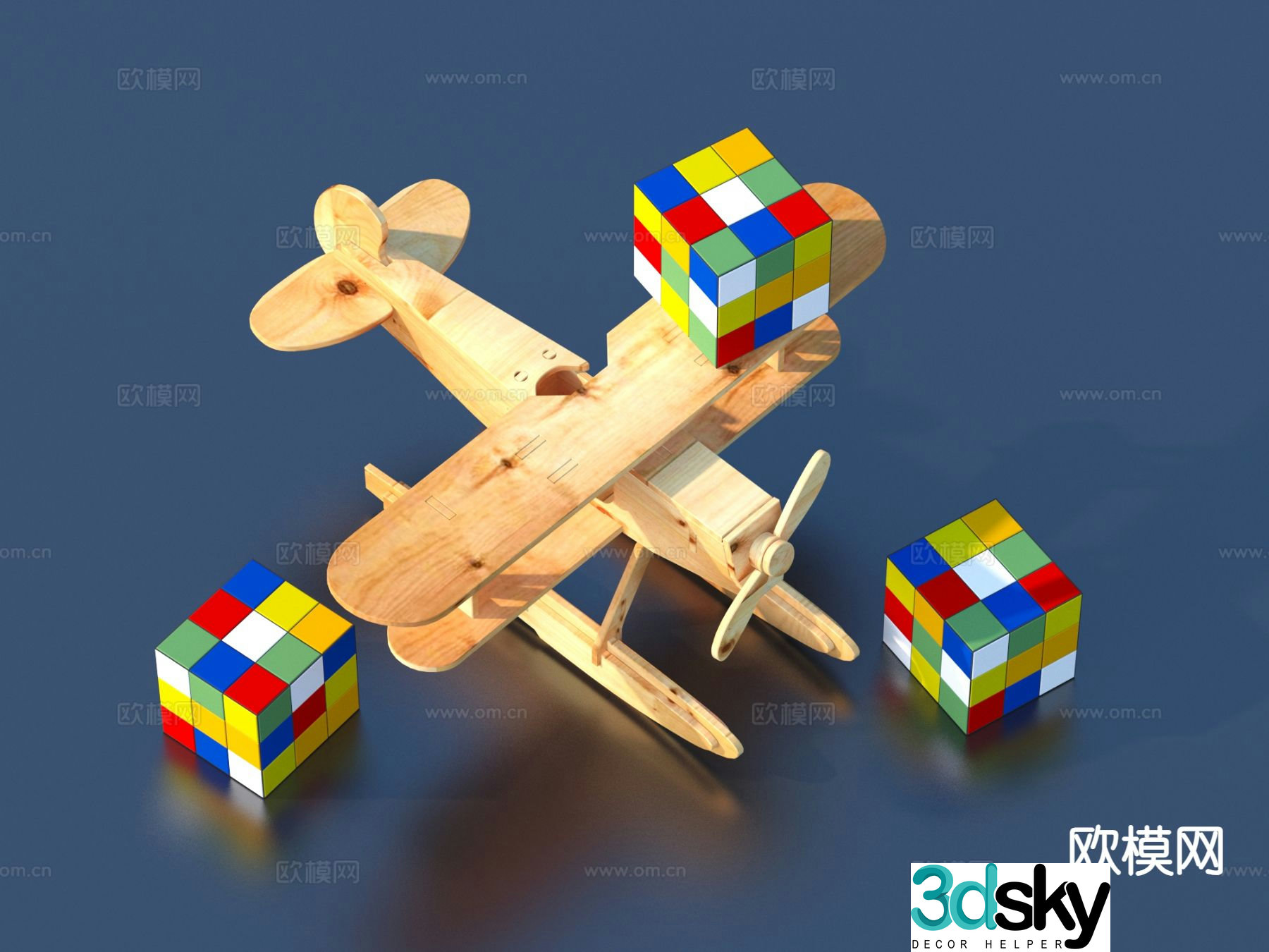 wooden airplane rubik’s cube toy 3d model