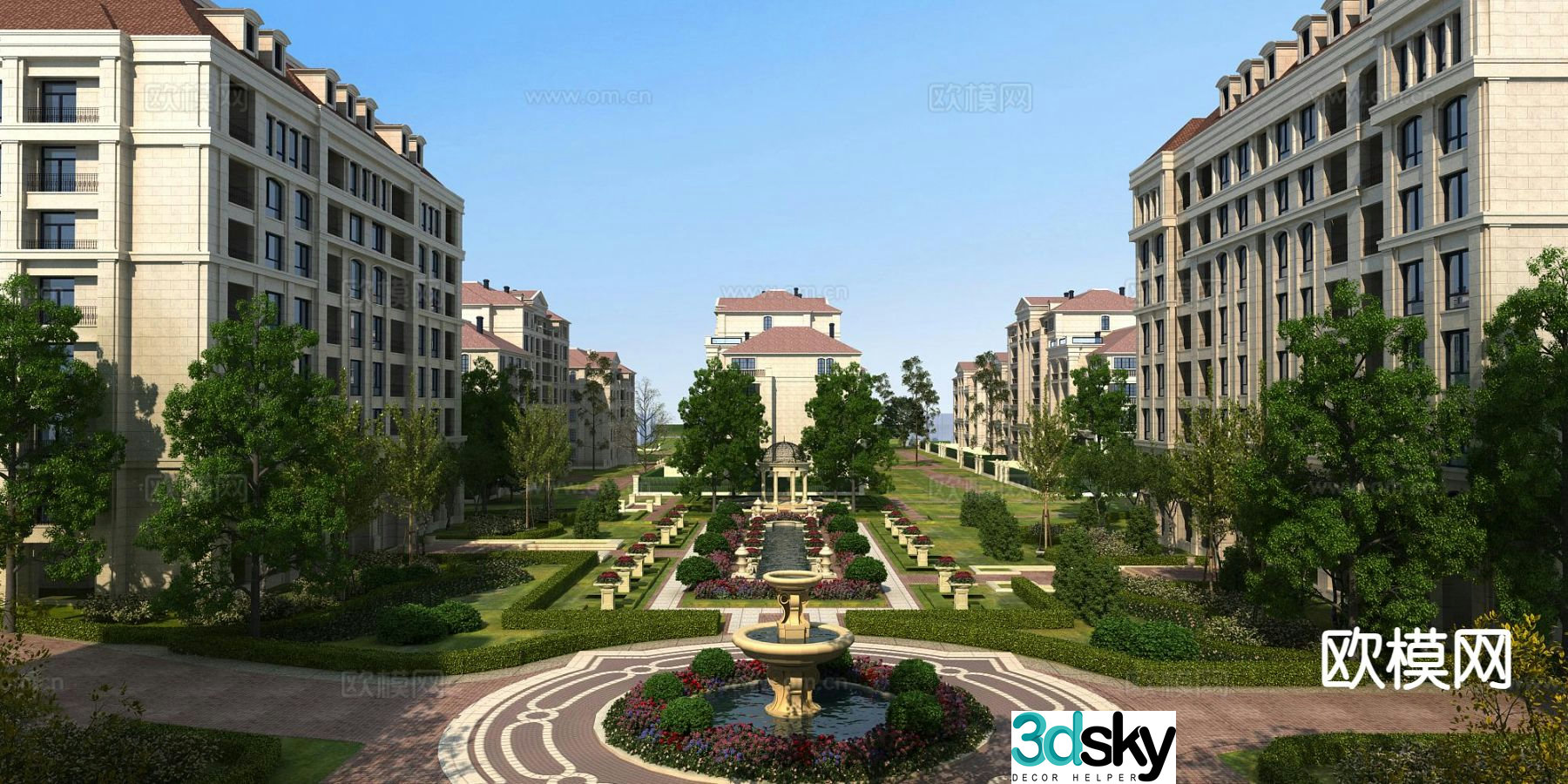European style multi-story residential area landscape 3D model