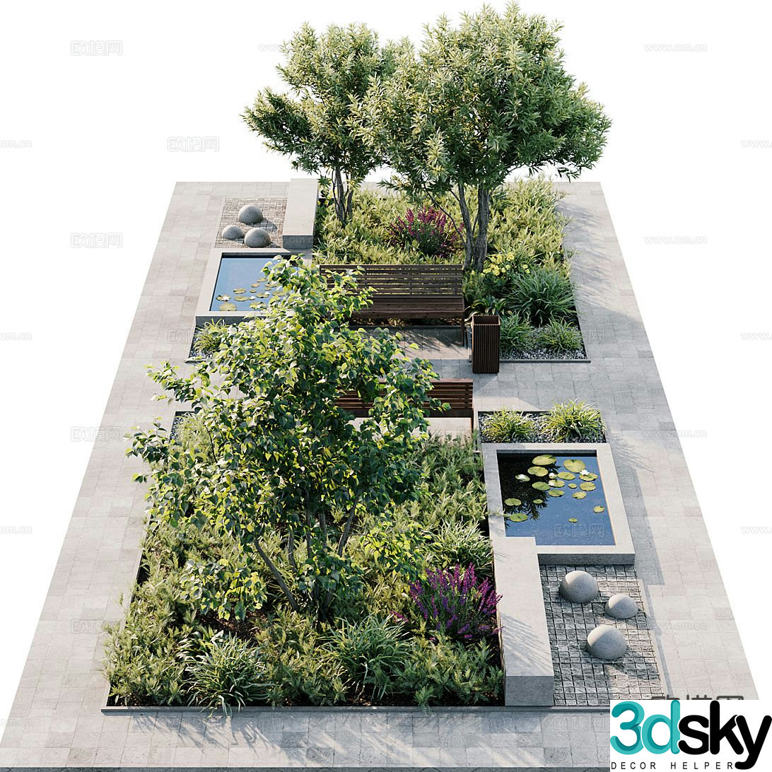 Modern park square green plants garden landscape sketch 3d model