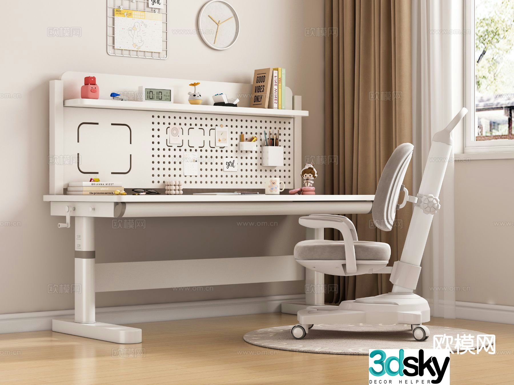Modern children’s study desk and chair lifting desk and chair 3D model