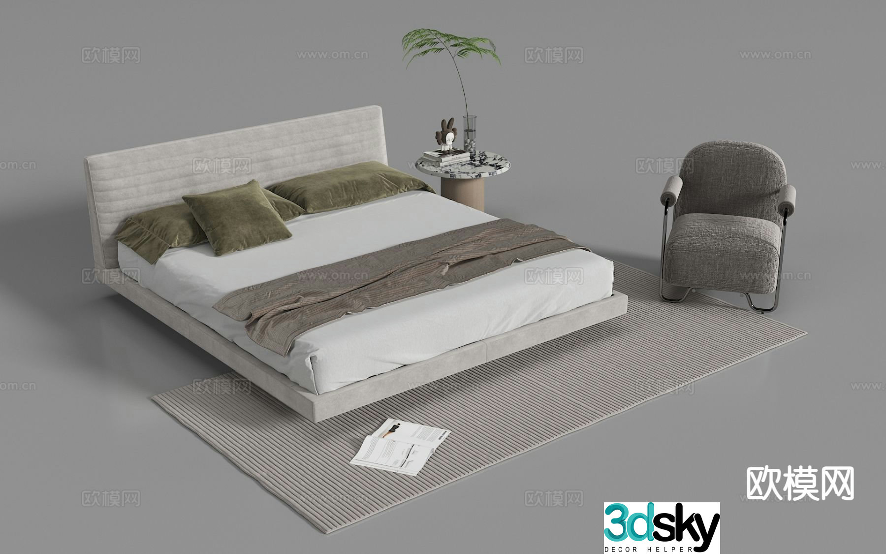 Modern double bed fabric bed 3d model