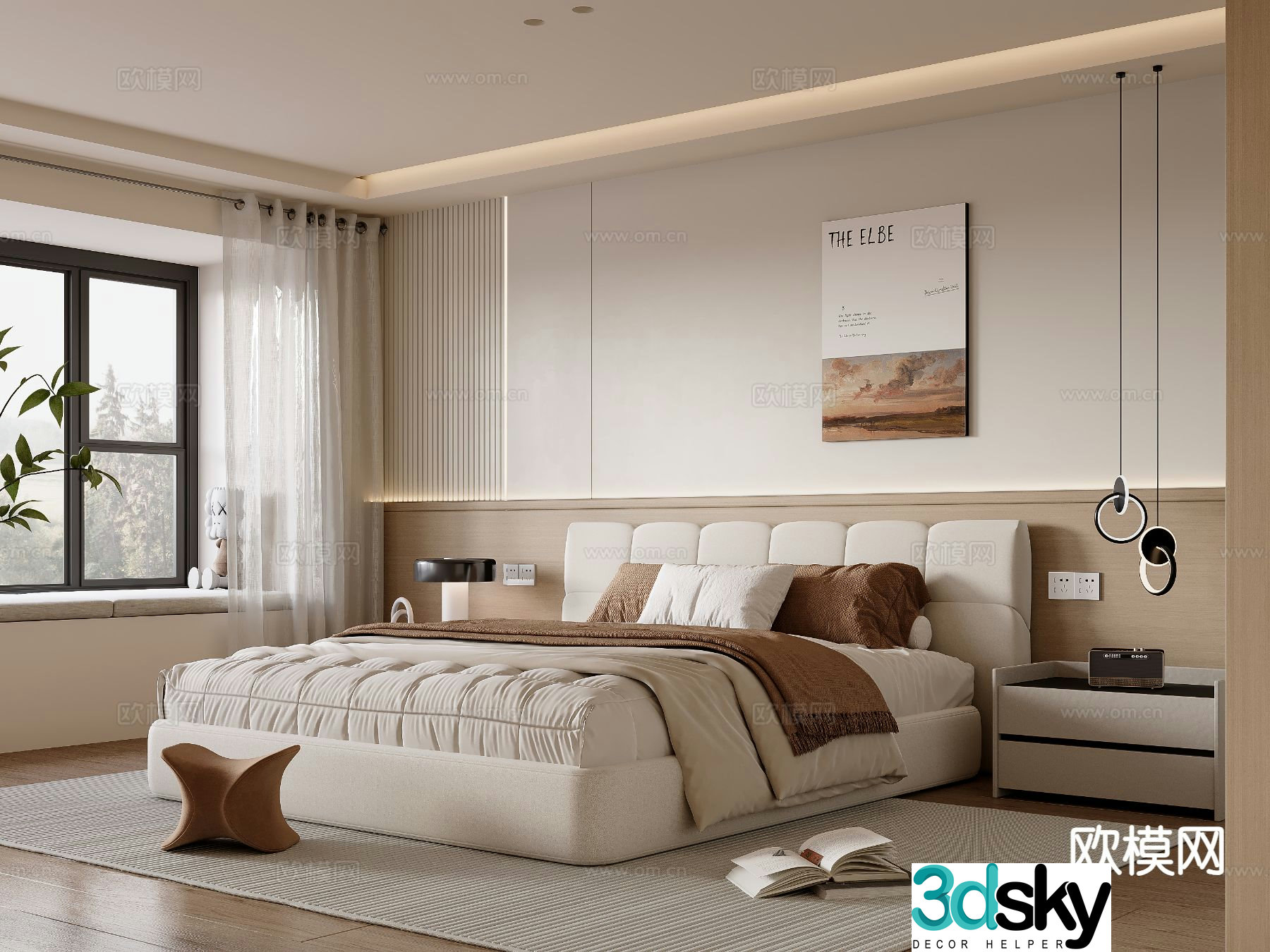 Cream style double bed 3d model