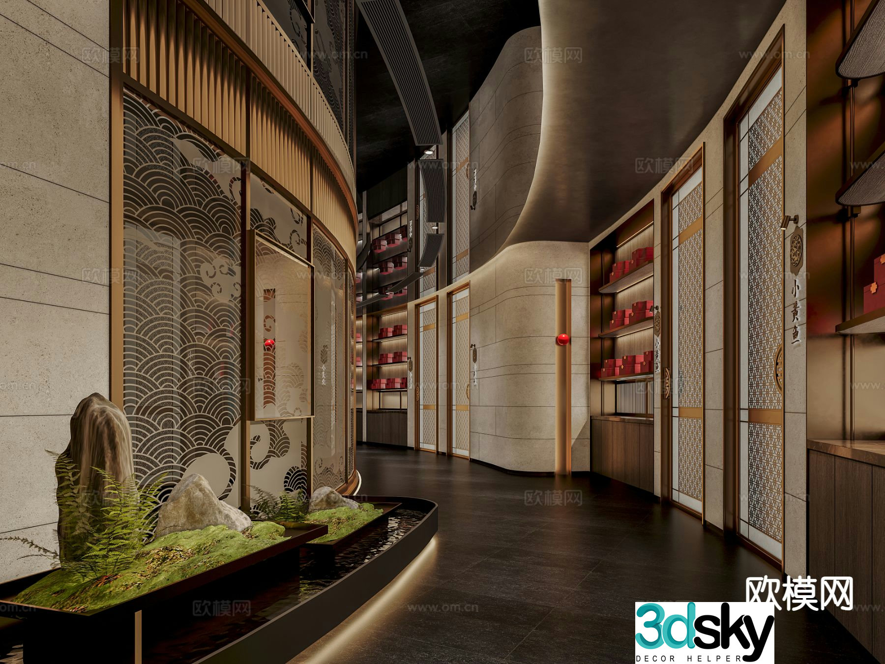 New Chinese style aisle curved corridor 3D model