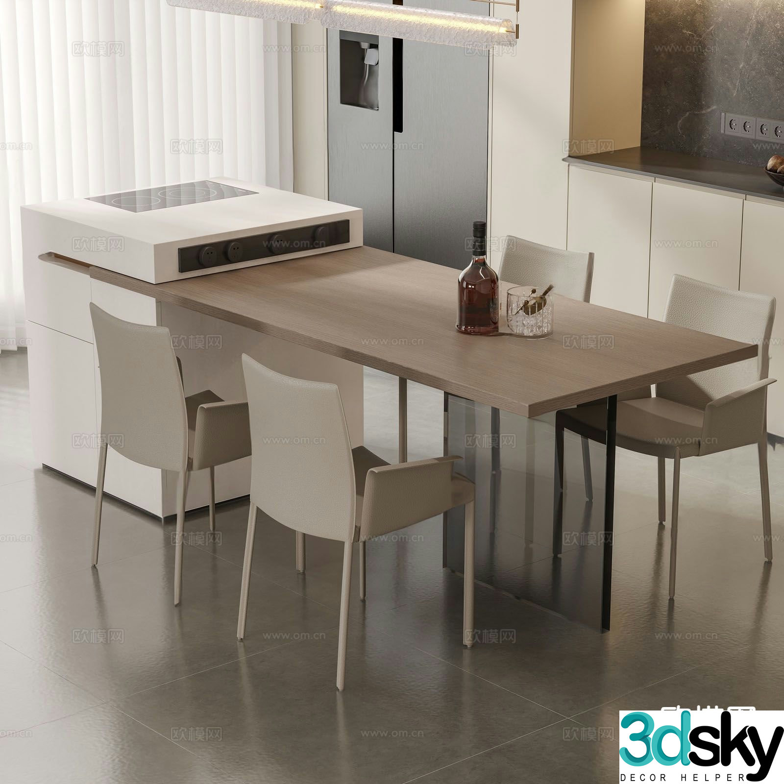 Modern island dining table and chairs 3d model