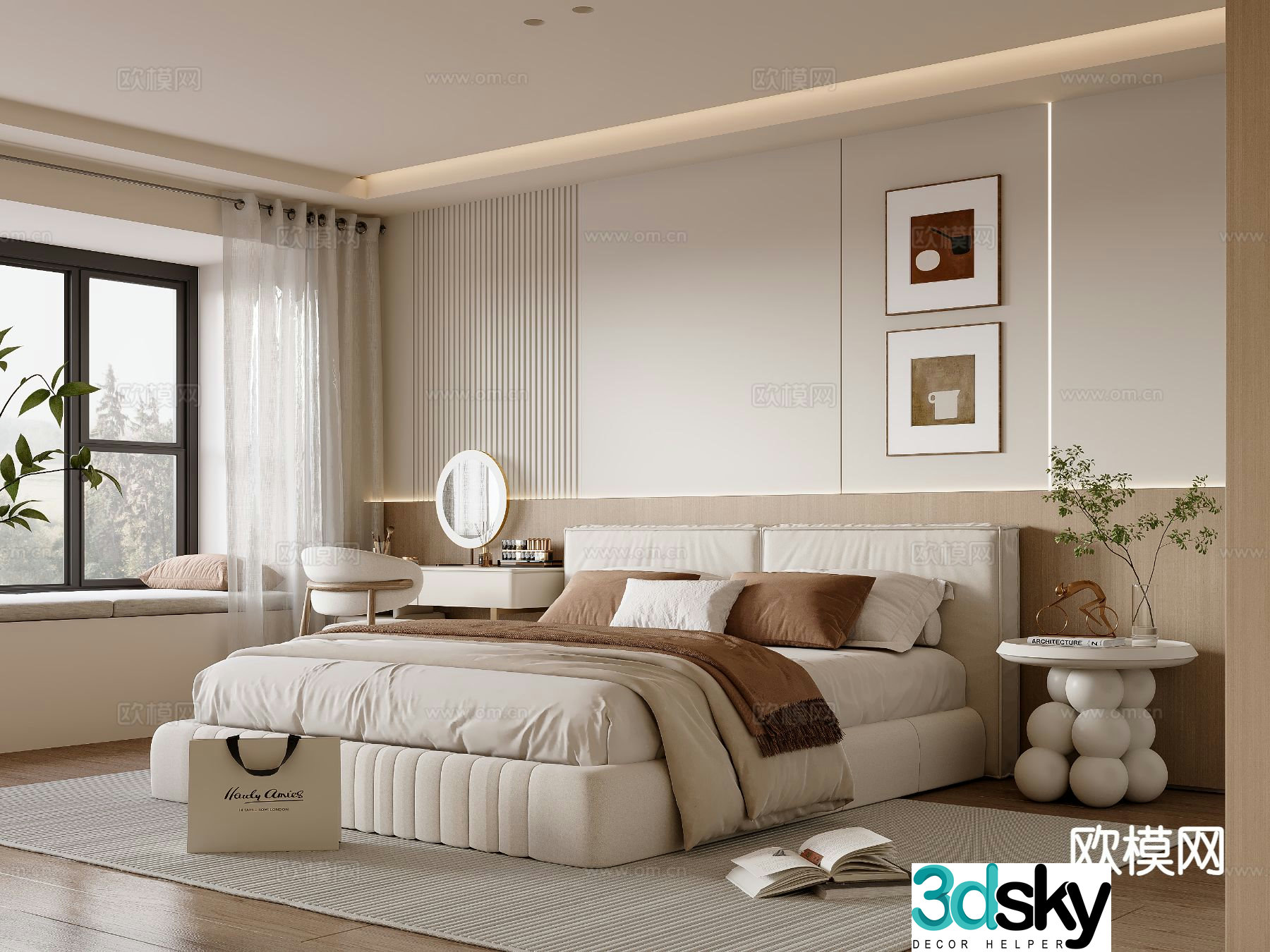 Cream style double bed 3d model