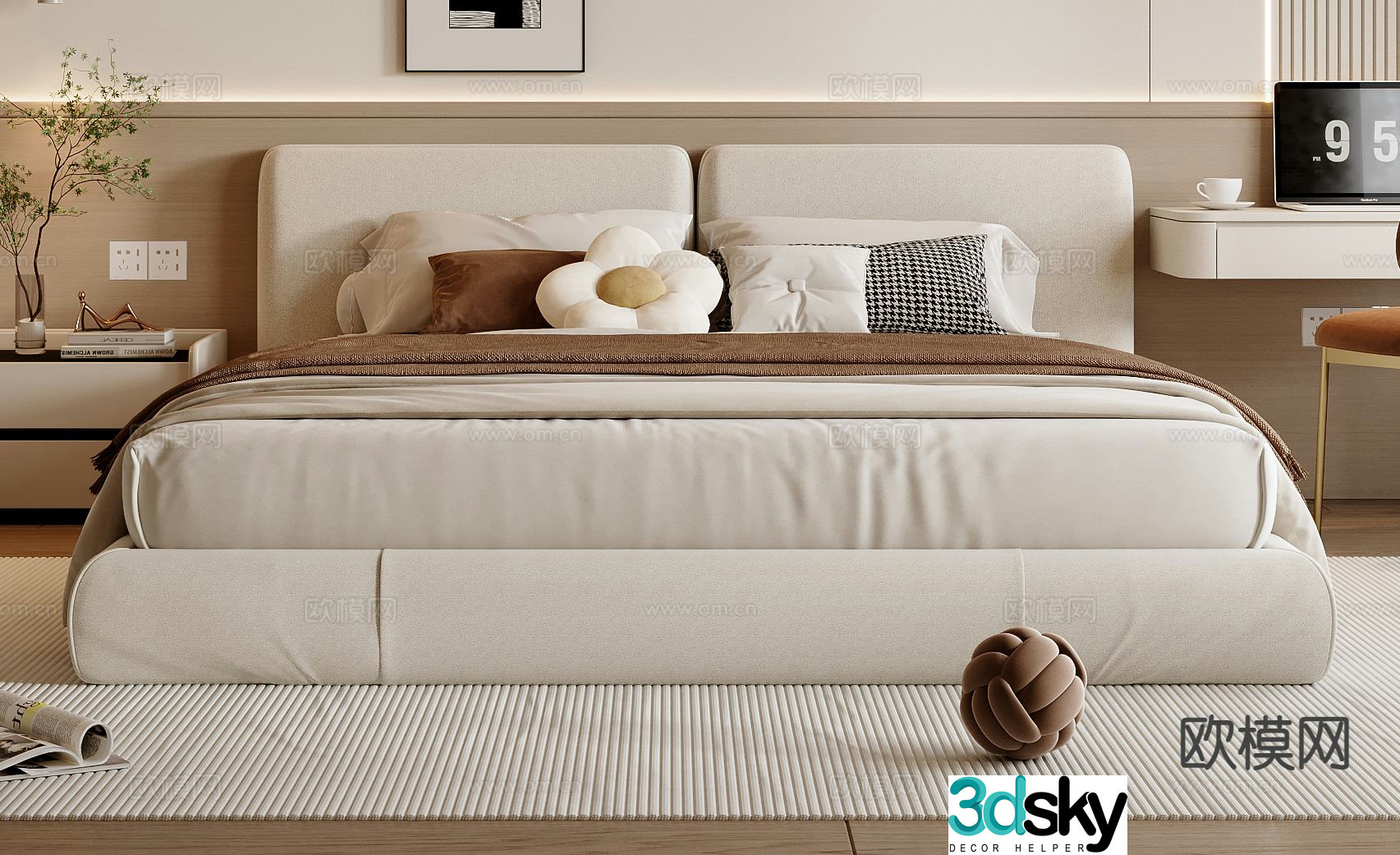 Cream style double bed 3d model