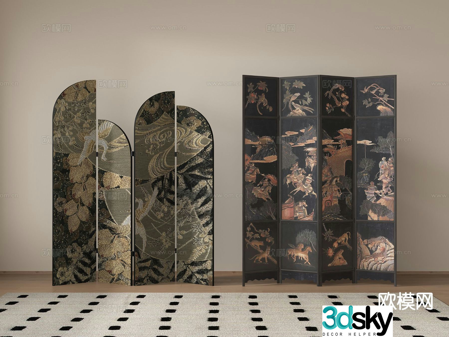 Middle-aged wooden screen folding screen ancient painting screen 3d model