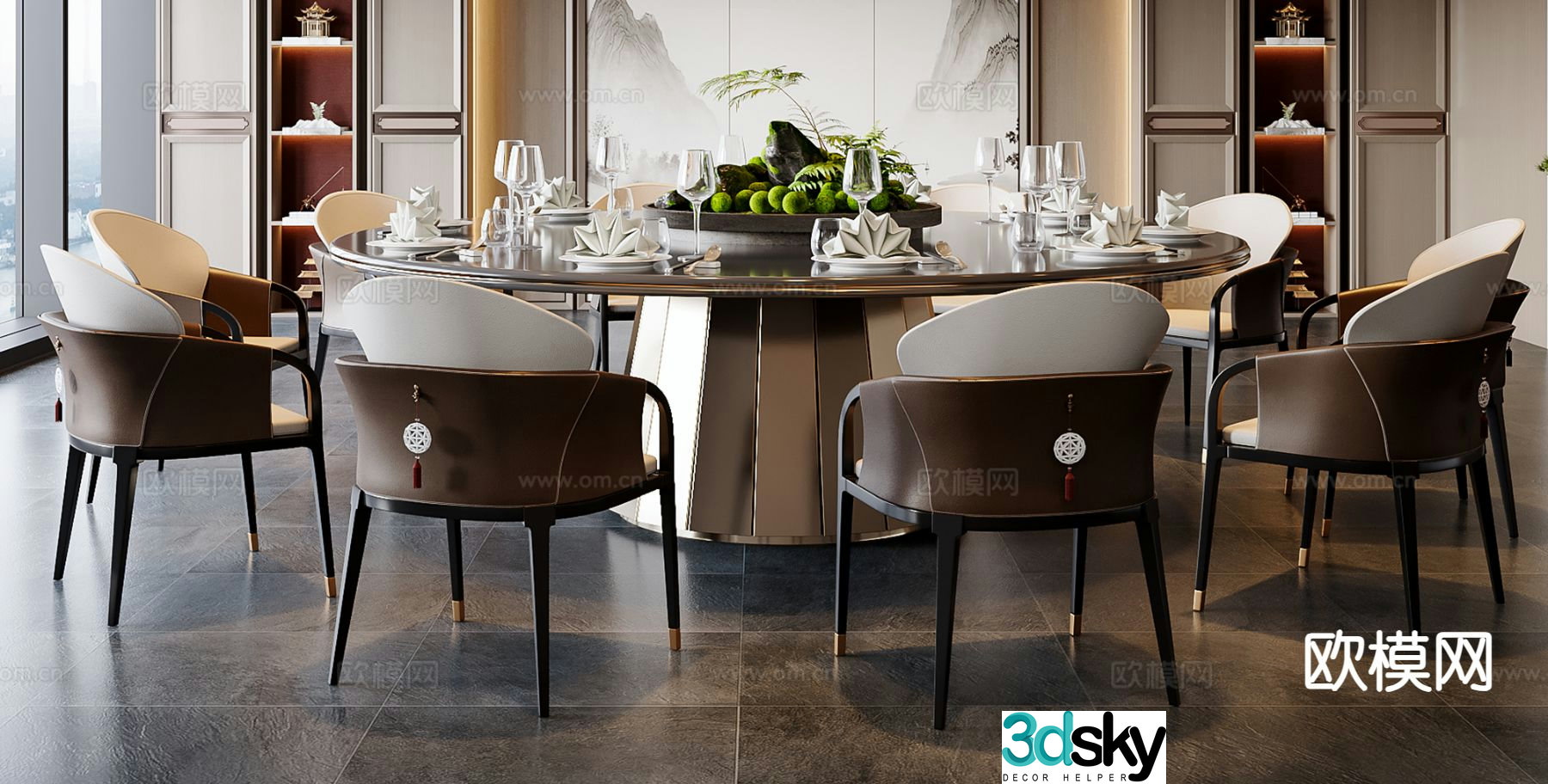New Chinese style box dining table and chairs 3D model