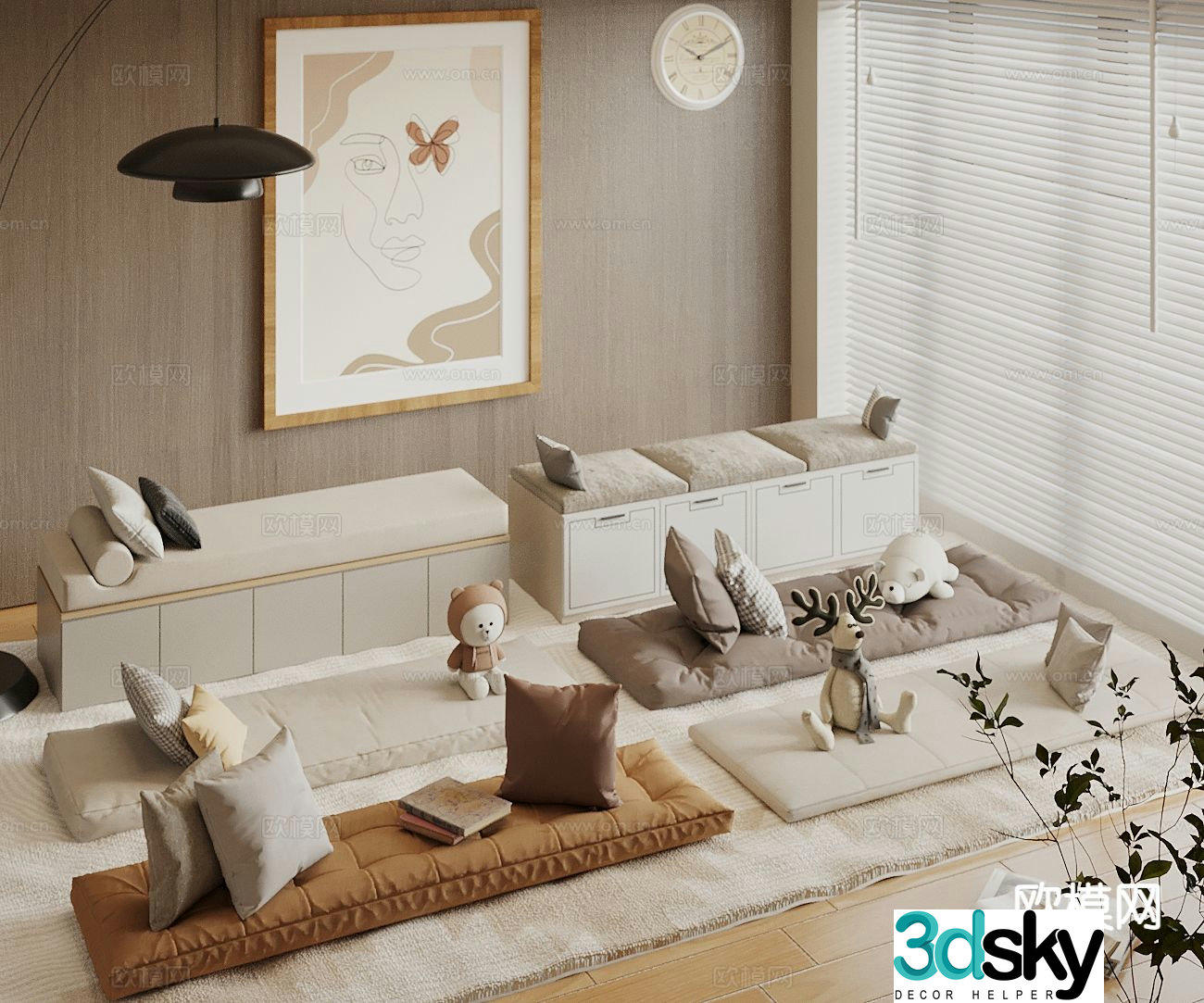 Cream style bay window cushion bay window cabinet bay window sill pillow 3D model