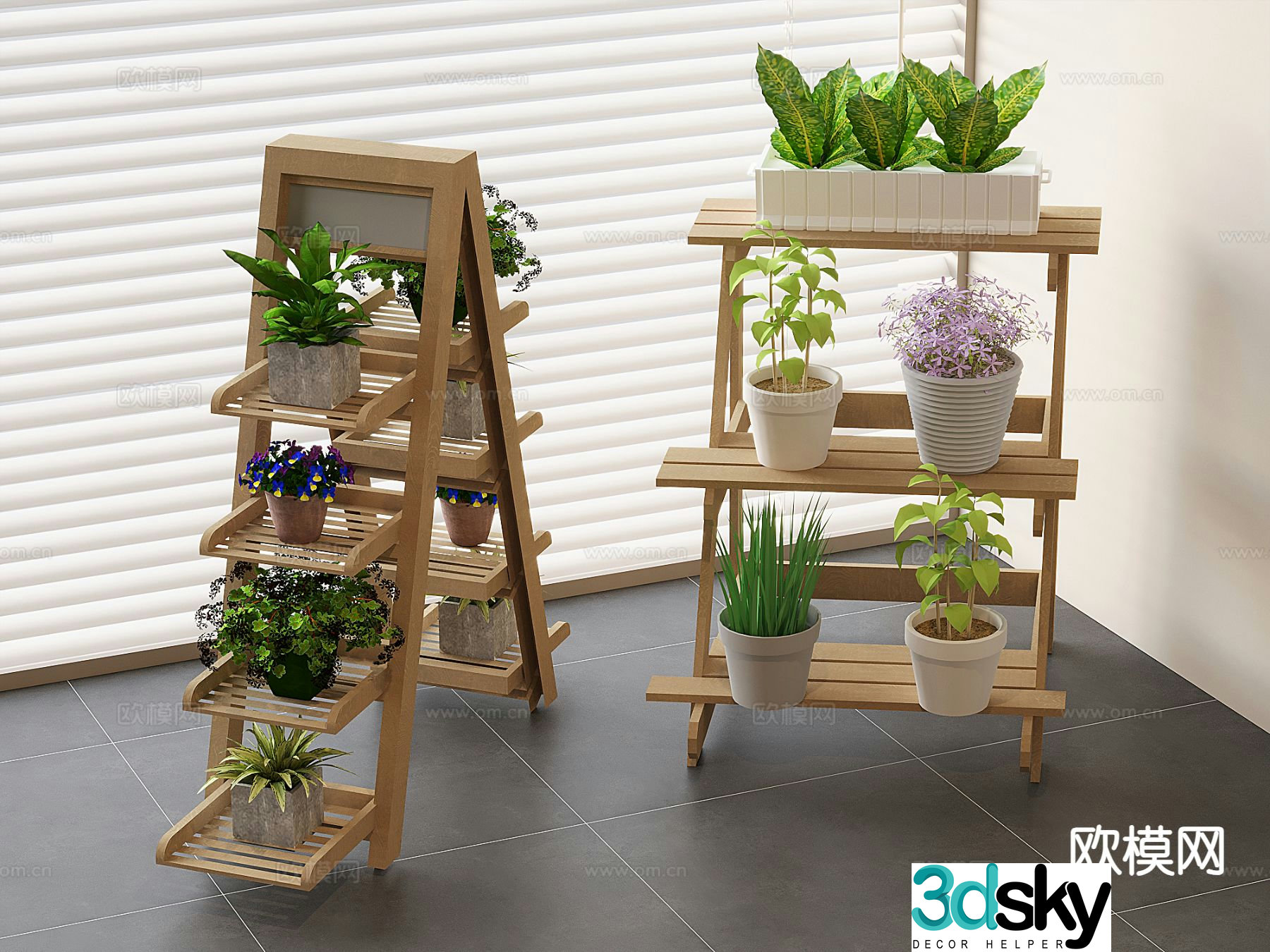 Solid wood flower stand trapezoidal flower stand green plant potted plant 3D model