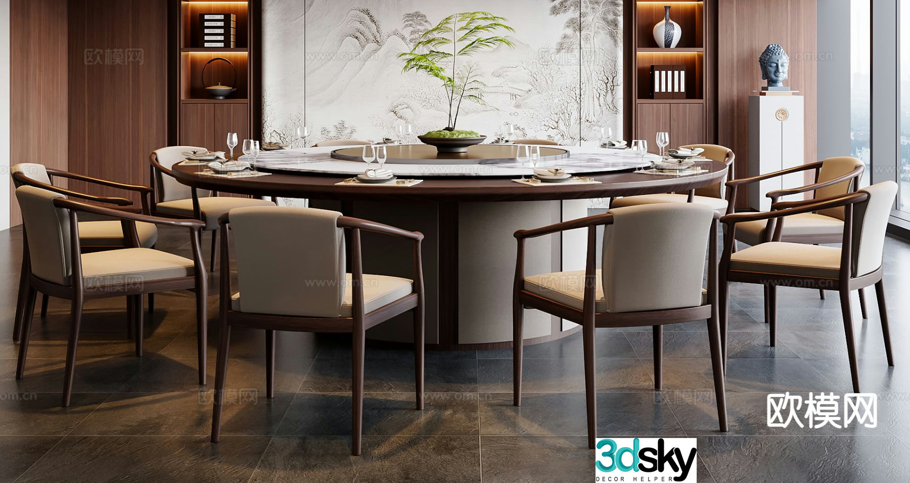 New Chinese style round dining table and chairs 3d model